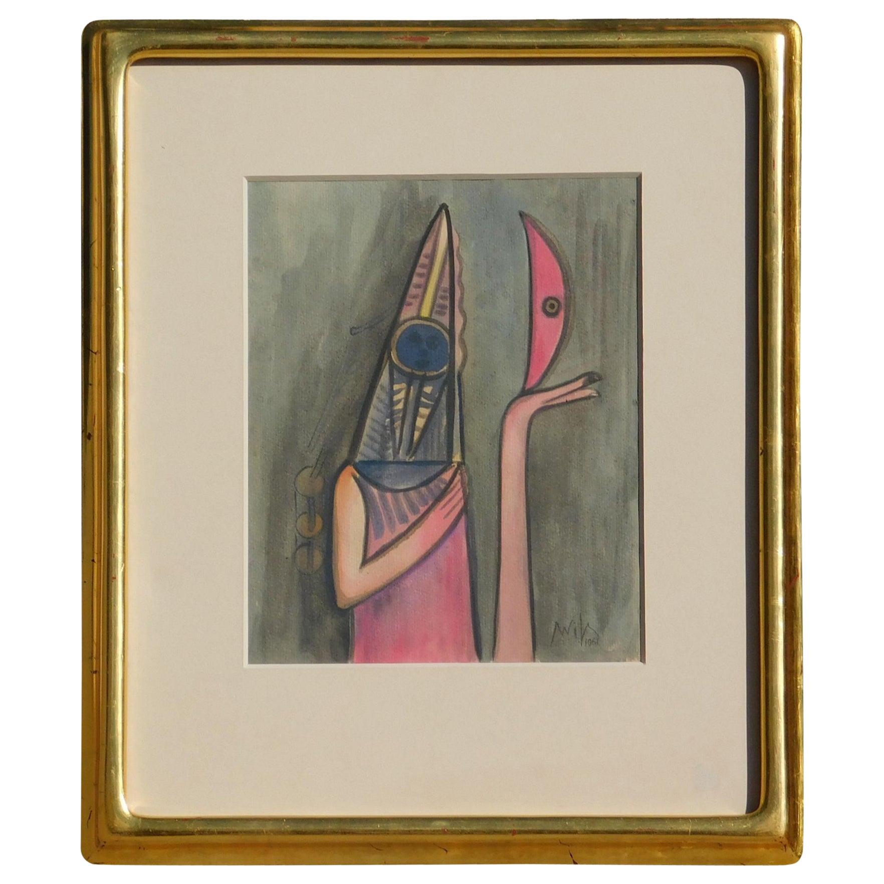  Questo acquerello originale su carta dell'artista cubano Wifredo Lam è in ottime condizioni e misura 12 "h x 10 "w.  È firmato in basso a destra e datato 1961. È dotato di una semplice cornice dorata che misura circa 20 x 18 pollici. Si tratta di