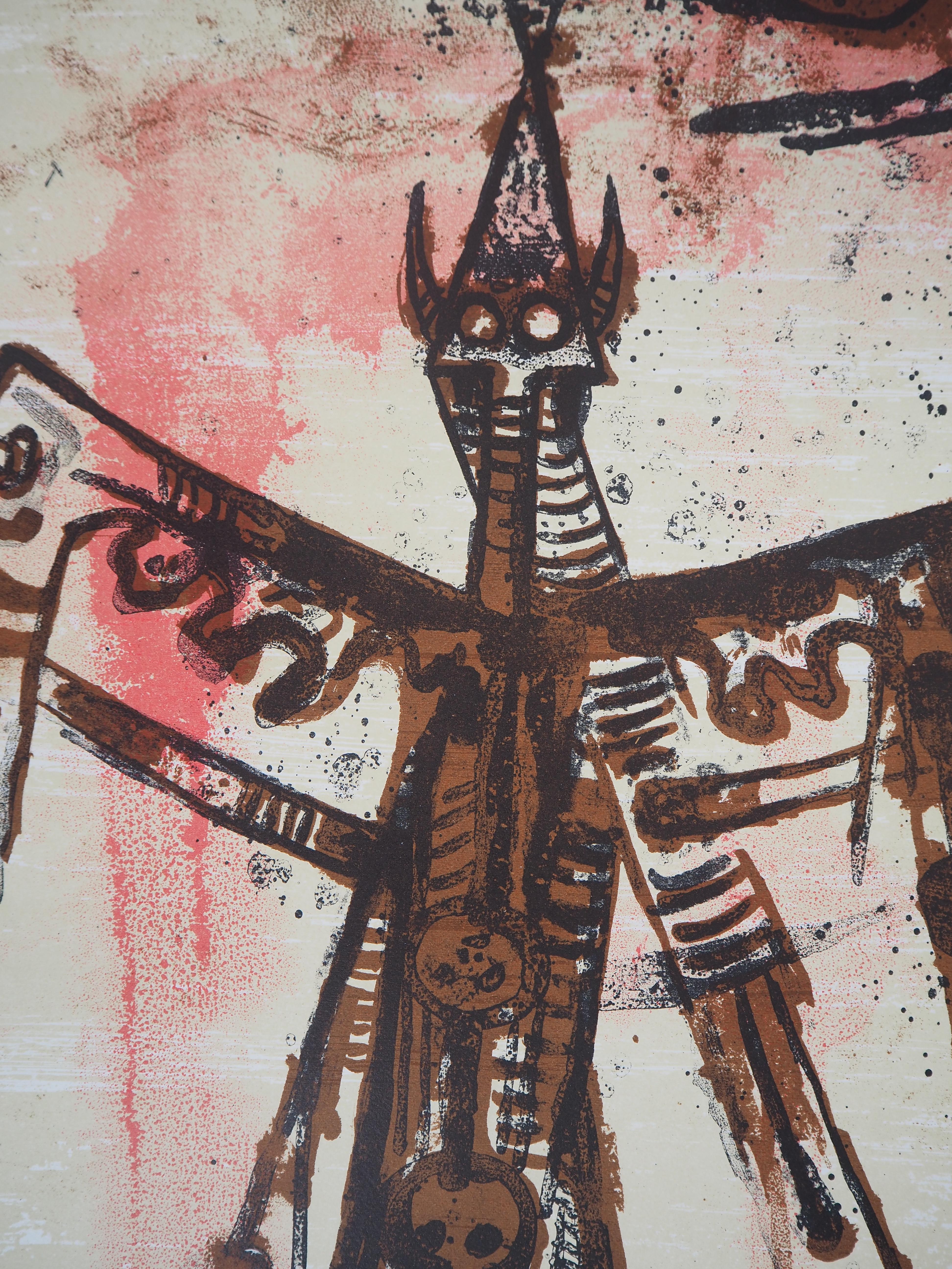 Bird and Spirit Figure - Original Lithograph, Hand Signed and N° /125  - Brown Abstract Print by Wifredo Lam