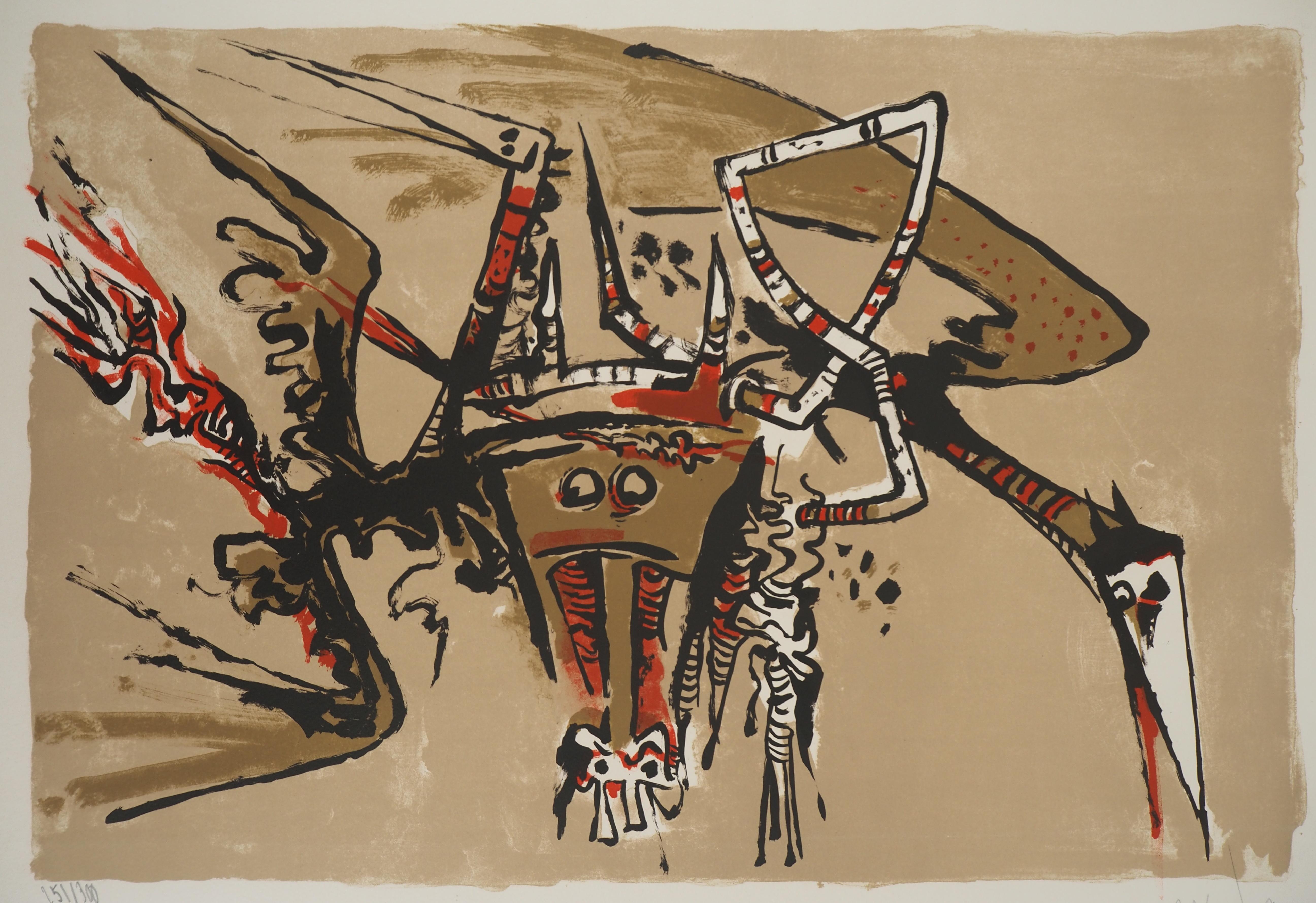Figura di uccello e spirito - Litografia originale, firmata a mano (Ryckelynck #6641) - Print Moderno di Wifredo Lam