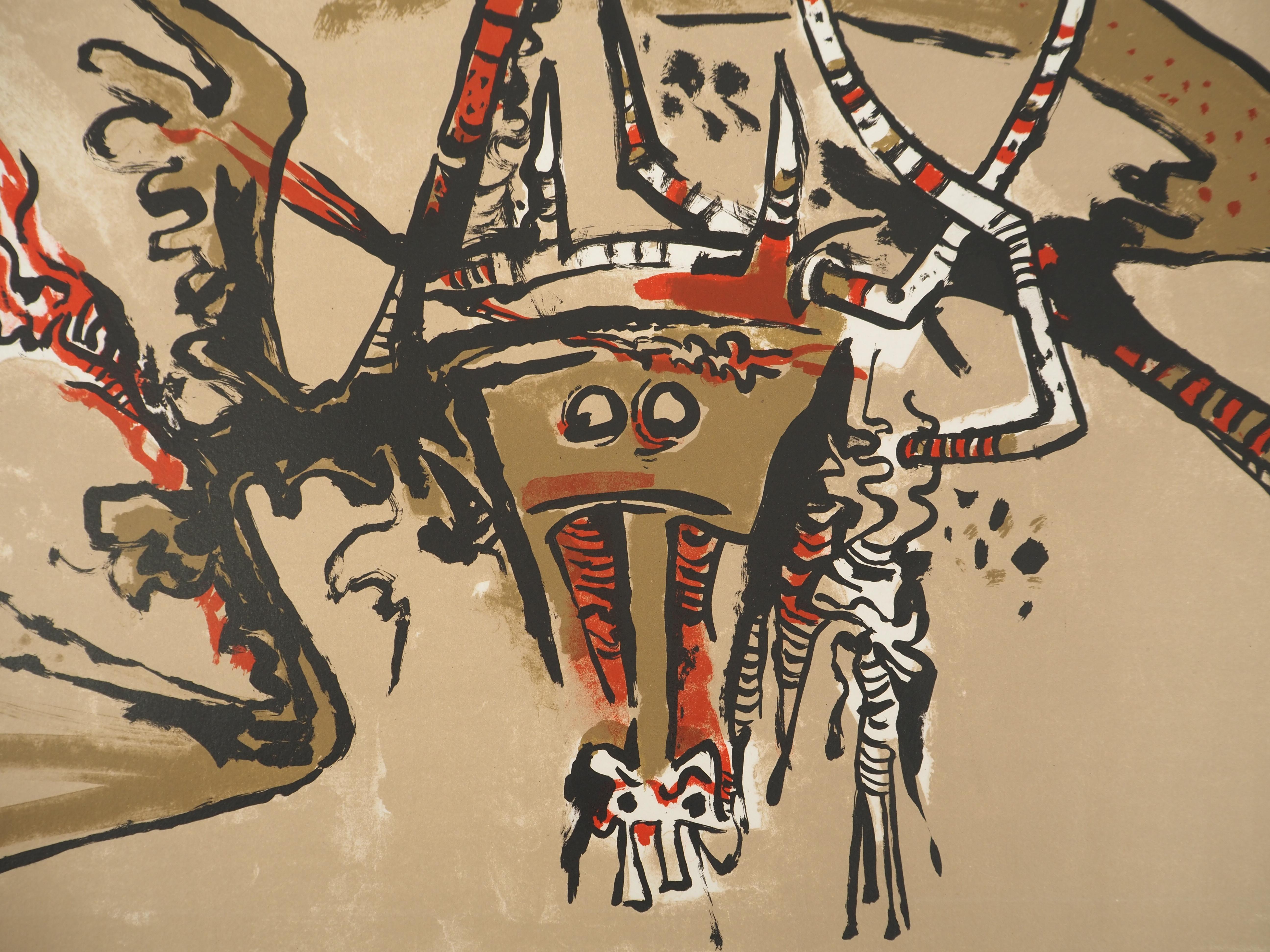 Figura di uccello e spirito - Litografia originale, firmata a mano (Ryckelynck #6641) - Animal Print Marrone di Wifredo Lam