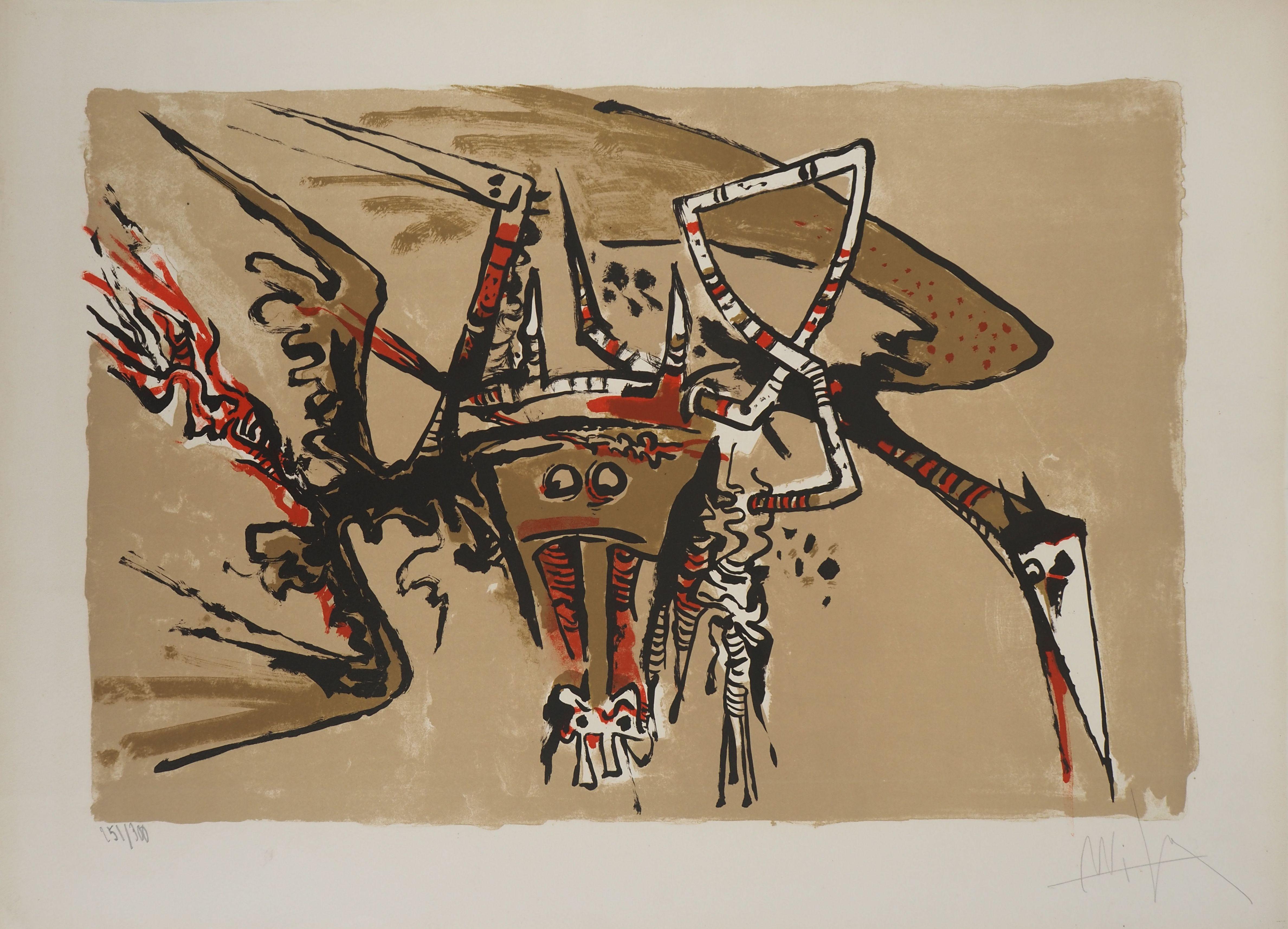 Animal Print di Wifredo Lam - Figura di uccello e spirito - Litografia originale, firmata a mano (Ryckelynck #6641)
