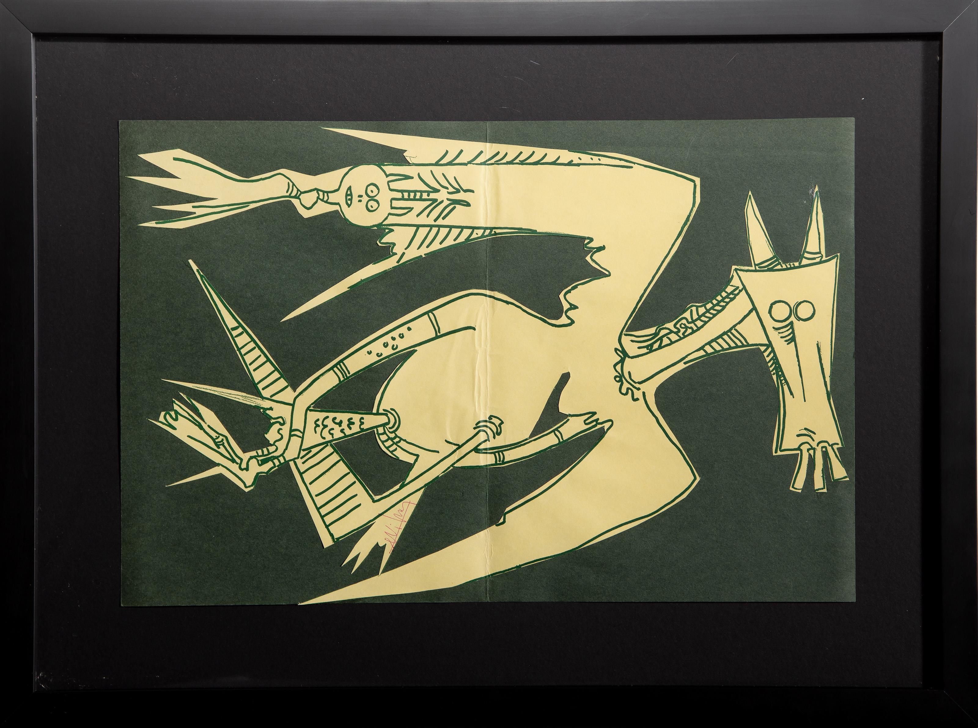 Cigognes Ciseaux Gigognes (Cicogne a forbice nidificanti) Litografia e collage su carta - Print di Wifredo Lam