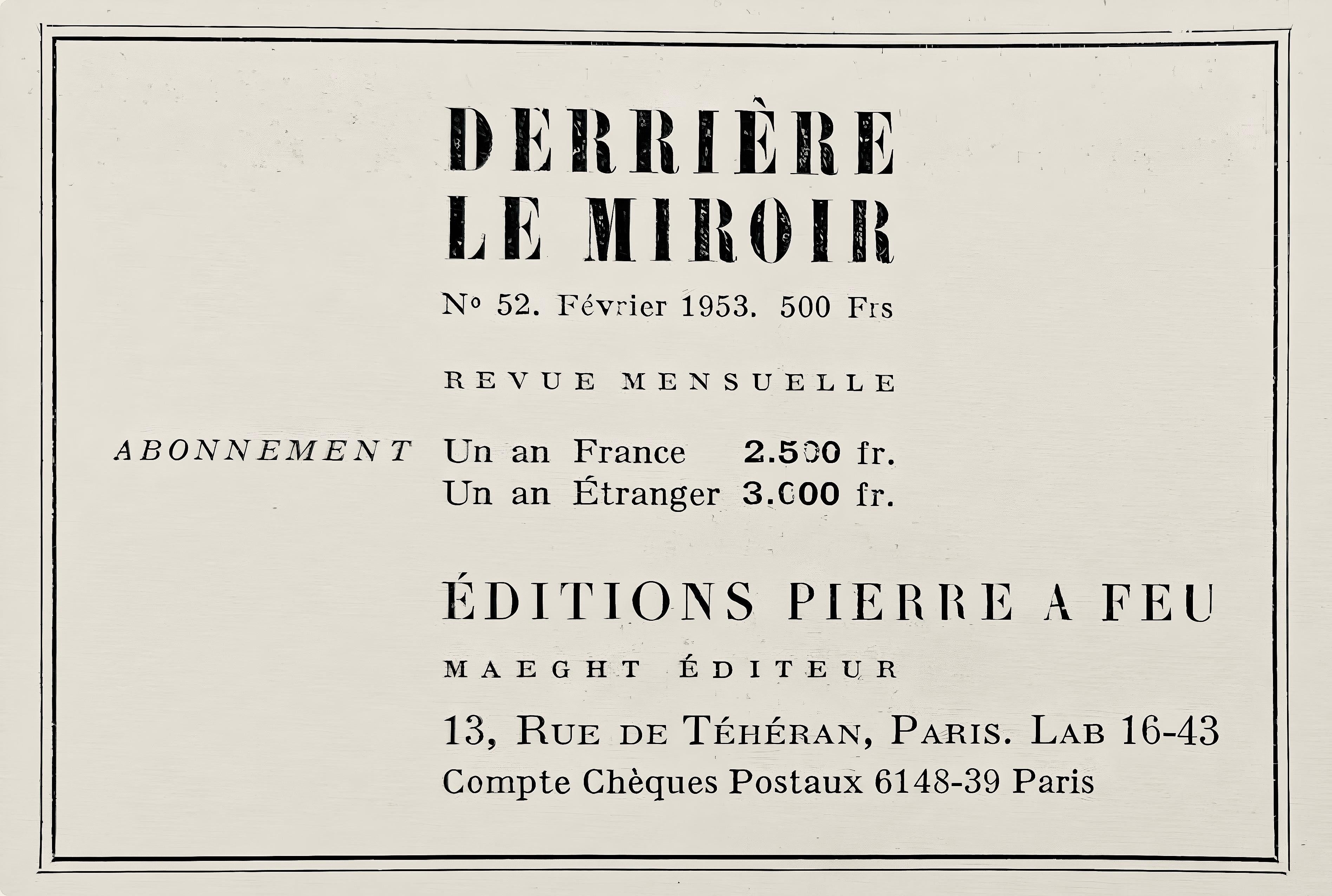Litografía sobre papel vélin. Tamaño del papel: 15 x 11 pulgadas. Inscripción: Sin firmar y sin numerar, tal como se emitió. Notas: Del folio Derrière le miroir, nº 55-56, 1953. Publicado por Aimé Maeght, Éditeur, París; impreso por Éditions Pierre