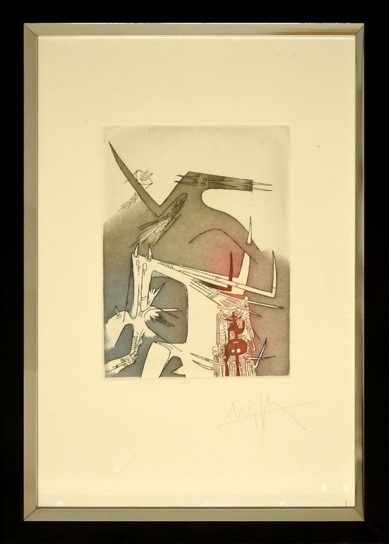 Fantastic Composition is an original print (colored etching and aquatint) signed in pencil by Wifredo Lam.
Image dimensions: 26.3x36 cm.
This is a wonderful artist's proof, as reported in pencil under the image 