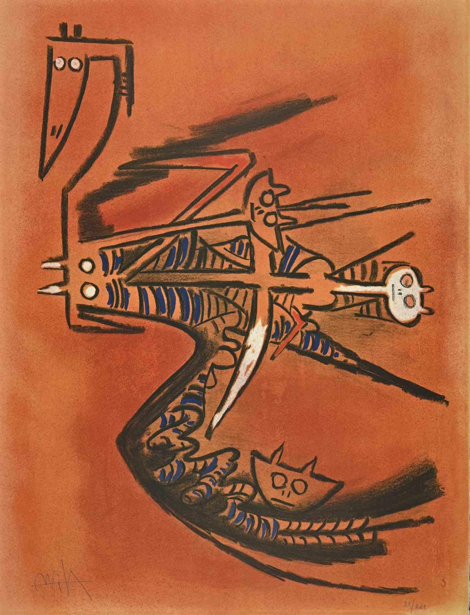 Soeur de la Gazelle - from the suite  "Pleni Luna" is a contemporary artwork realized by Wifredo Lam

Mixed colored lithograph.

Hand signed and numbered on the lower margin.

Edition of 27/262 prints.

Wifredo Lam was a Cuban artist inspired by and
