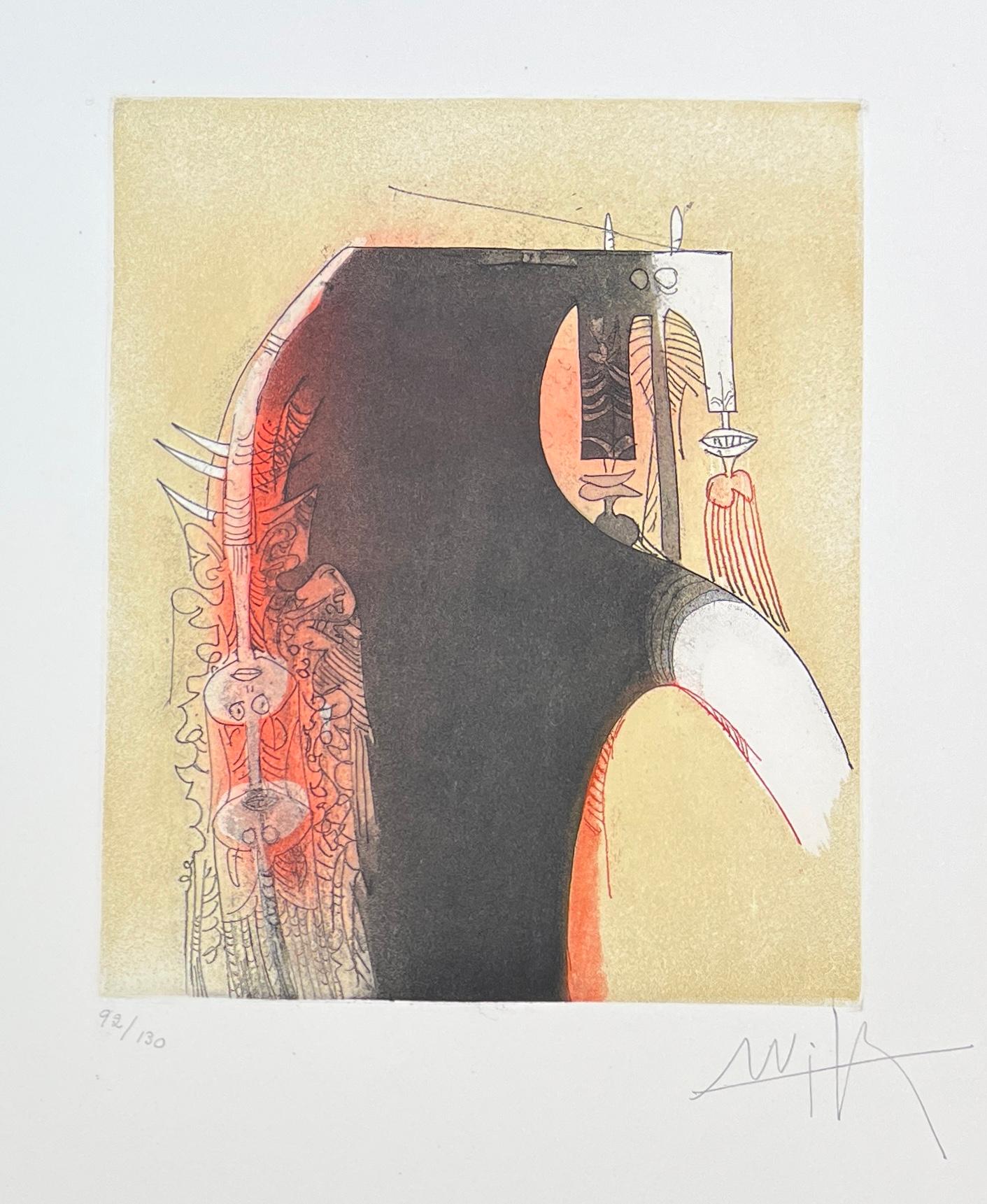 Coloured etching and aquatint, edited in 1979.
Limited edition of 130 copies , numbered as 92/130 in lower left corner. 
Hand-signed in pencil by artist in lower right corner.

Paper size: 62 x 44,3 cm 
Very good conditions.

Bibliography: Wilfredo