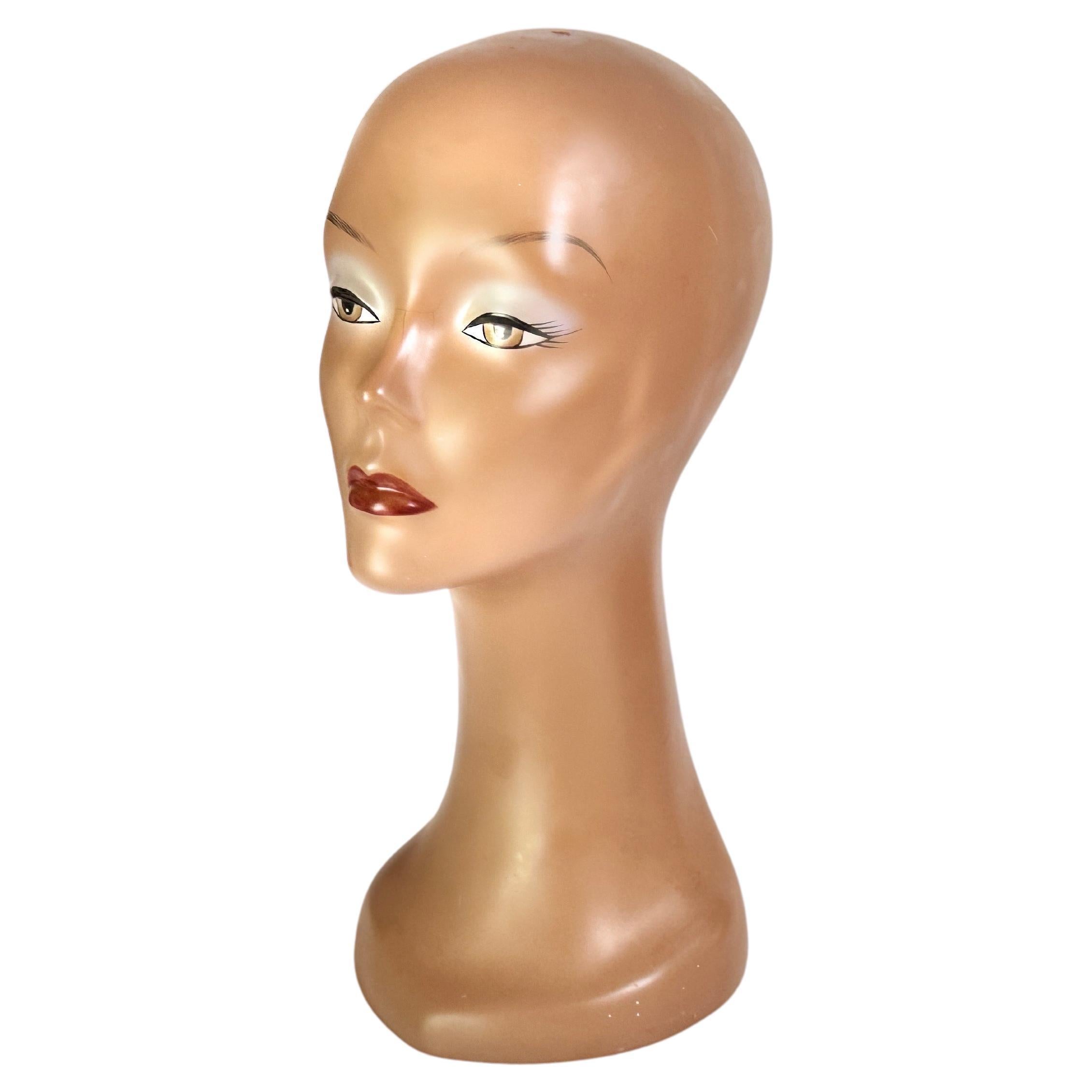 Porte-perruque ou porte-chapeau 1970 Vintage, Sculpture Visage Femme Tête France, Marron