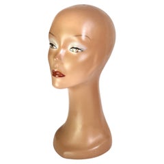 Porte-perruque ou porte-chapeau 1970 Vintage, Sculpture Visage Femme Tête France, Marron