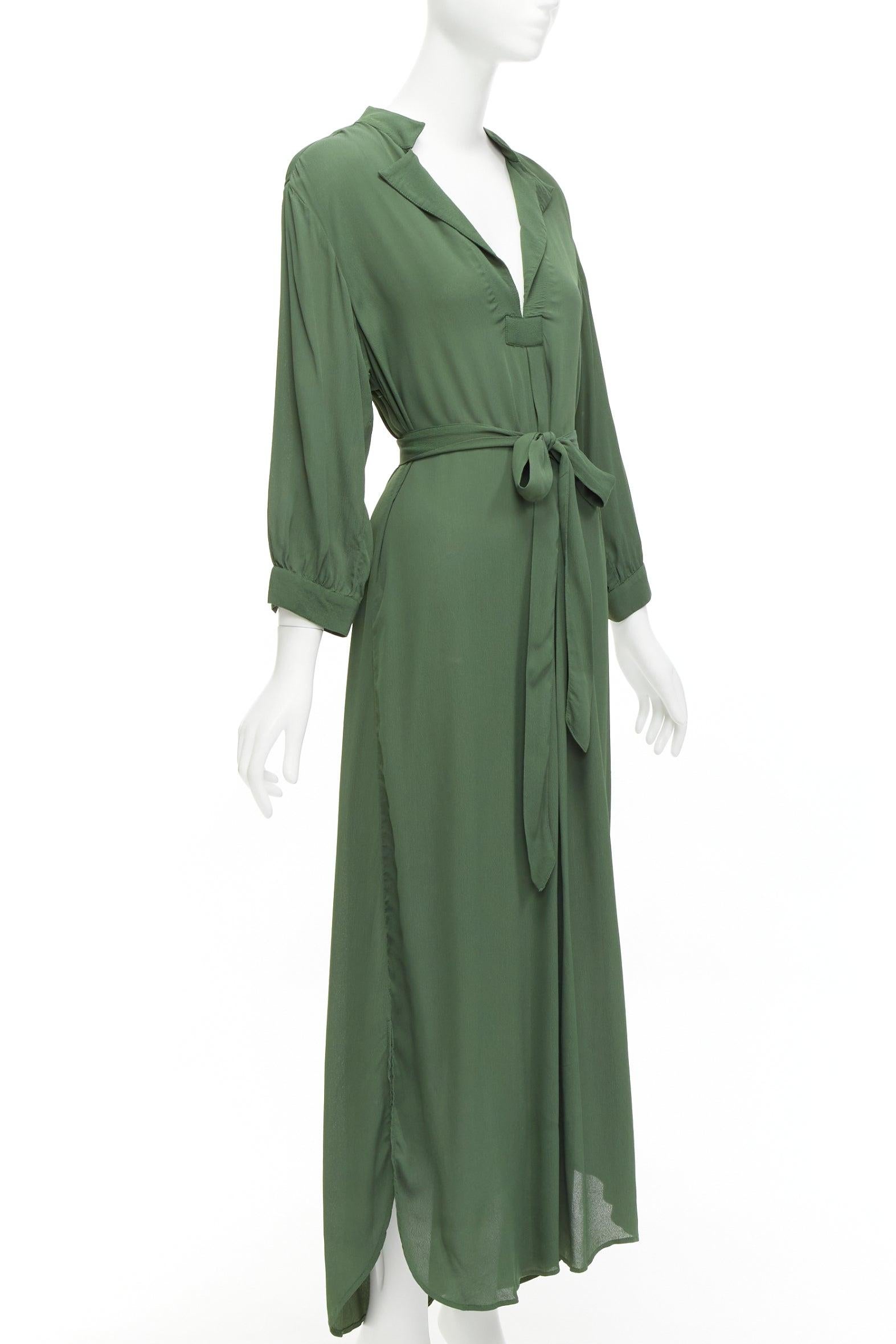 WIGGY KIT forest green viscose V-neck dropped shoulder belted midi dress S In Good Condition For Sale In Hong Kong, NT