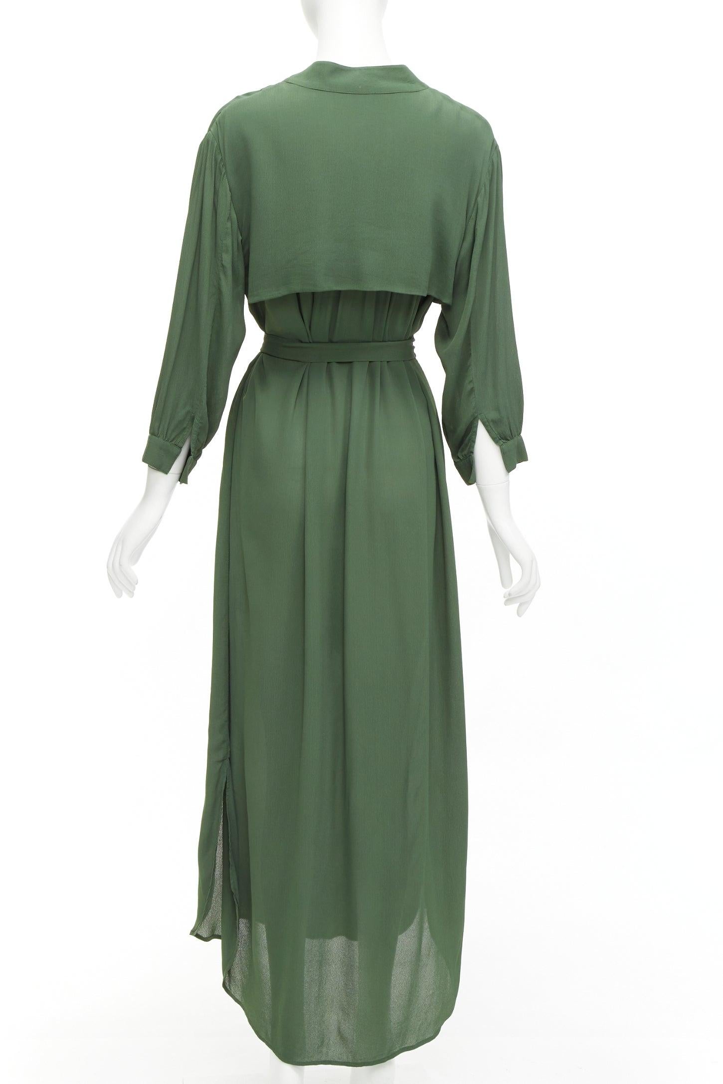 WIGGY KIT forest green viscose V-neck dropped shoulder belted midi dress S For Sale 1