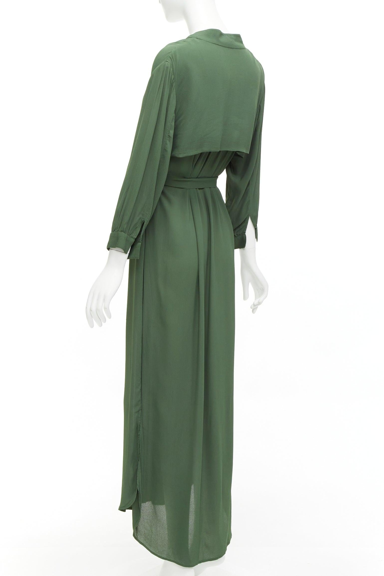 WIGGY KIT forest green viscose V-neck dropped shoulder belted midi dress S For Sale 2