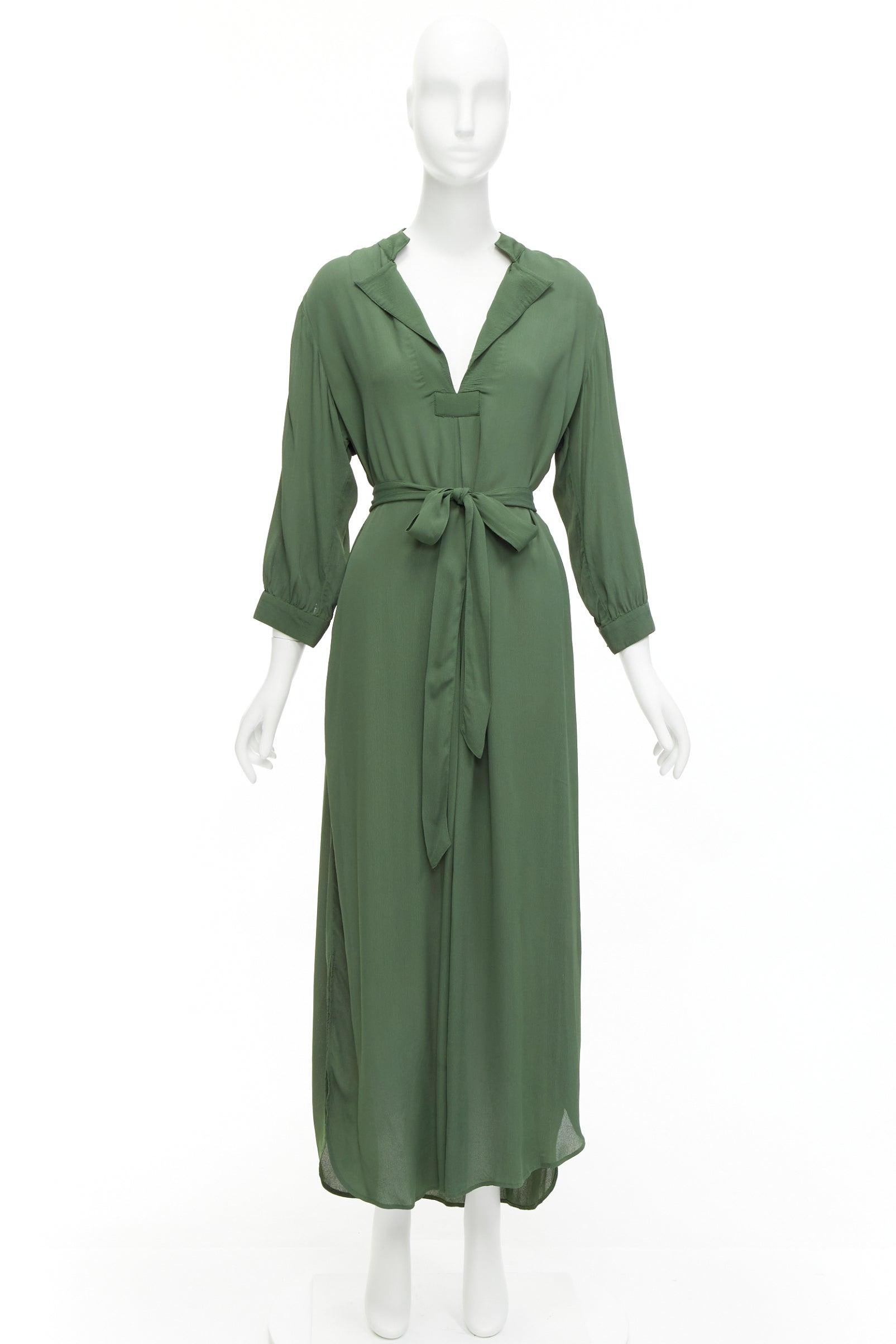 WIGGY KIT forest green viscose V-neck dropped shoulder belted midi dress S For Sale 5