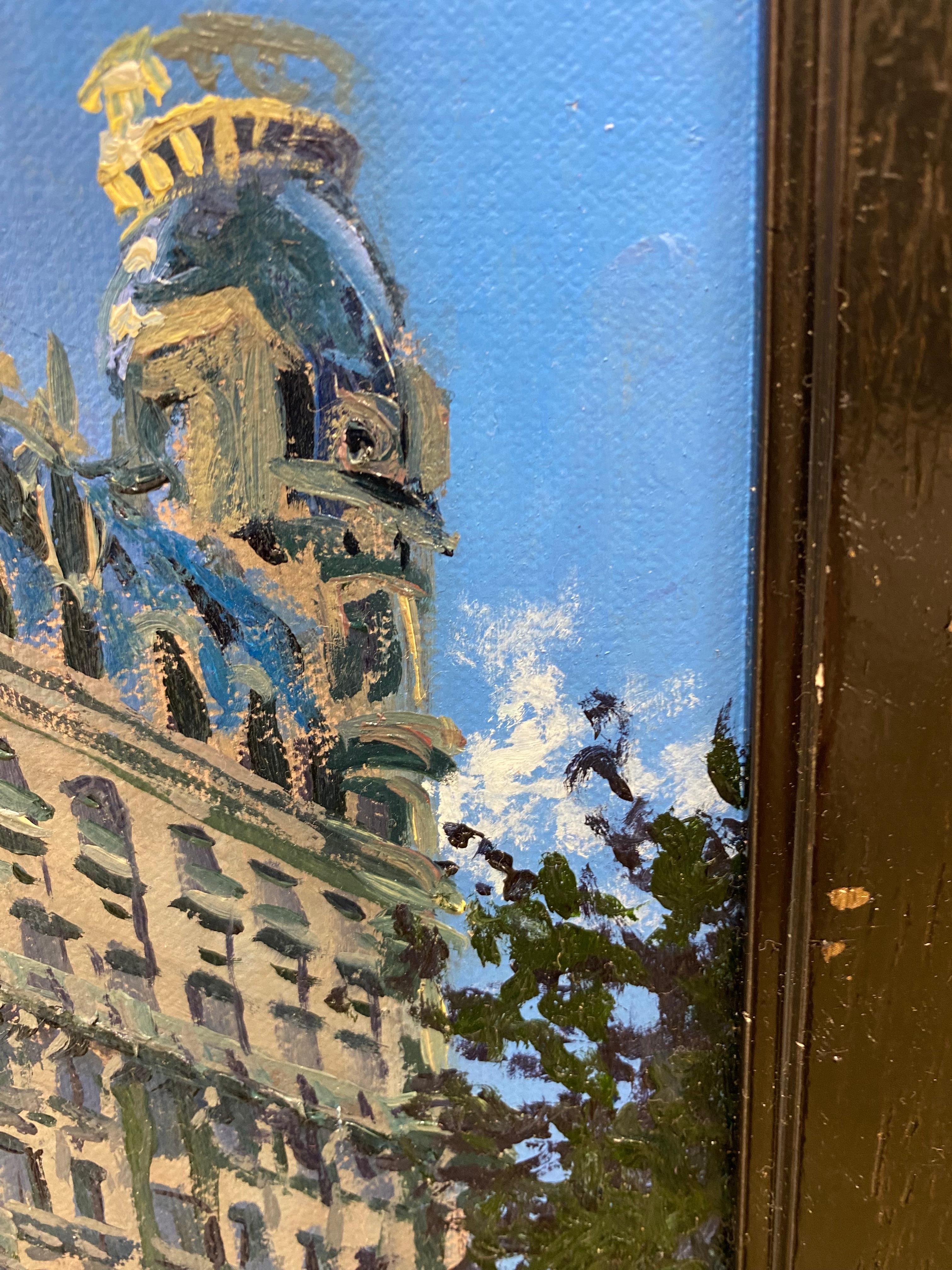 Broadway West New York - pittura realistica contemporanea del 21° secolo - Landscape Painting Blu di Wijnand Driessen