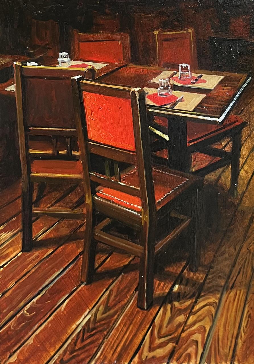 Figurative Painting de Wijnand Driessen - Empty chairs at empty tables - 21st Century contemporary realistic painting