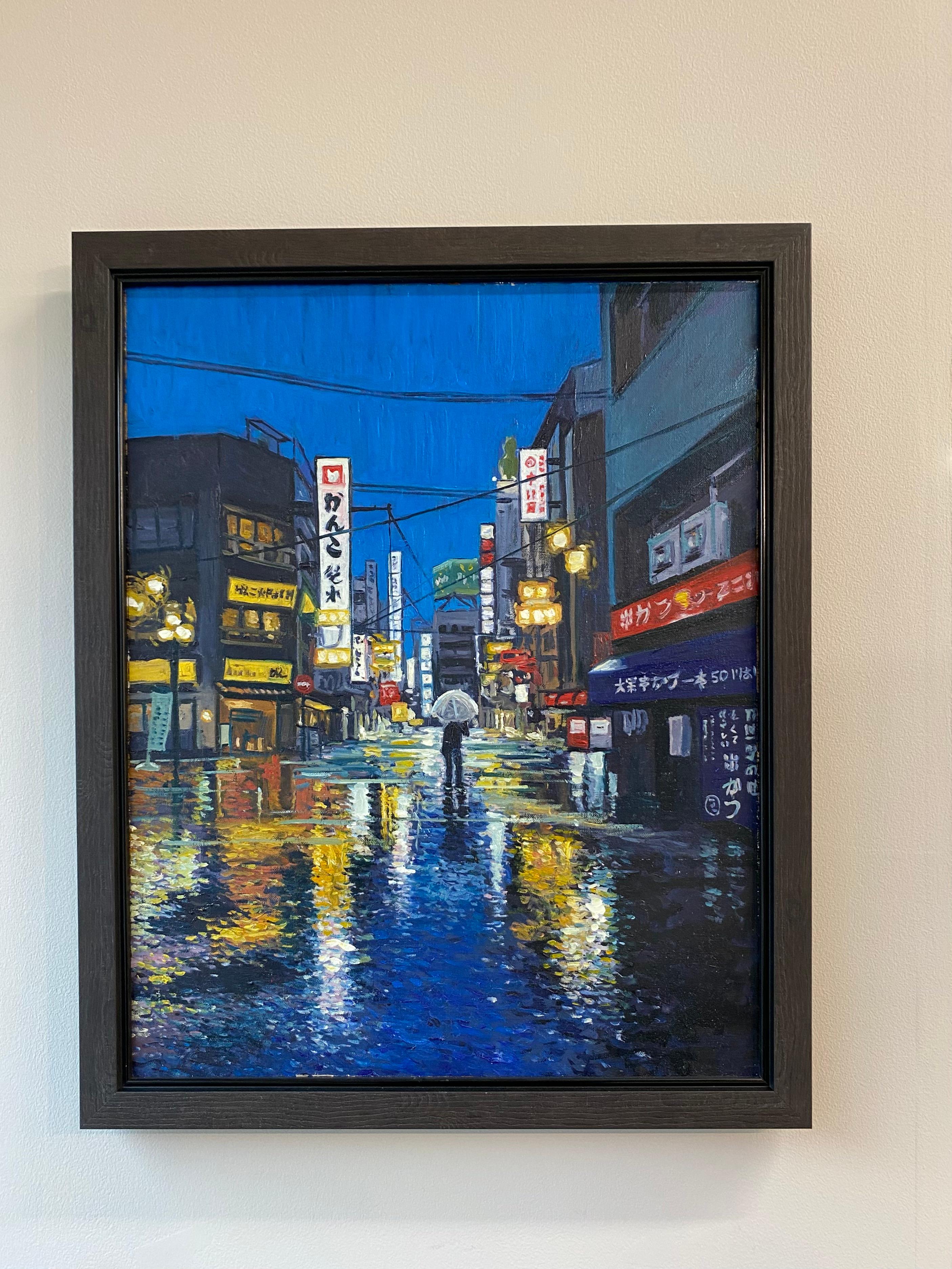 Osaka im Regen - Zeitgenössische realistische Malerei des 21. Jahrhunderts in Japan – Painting von Wijnand Driessen