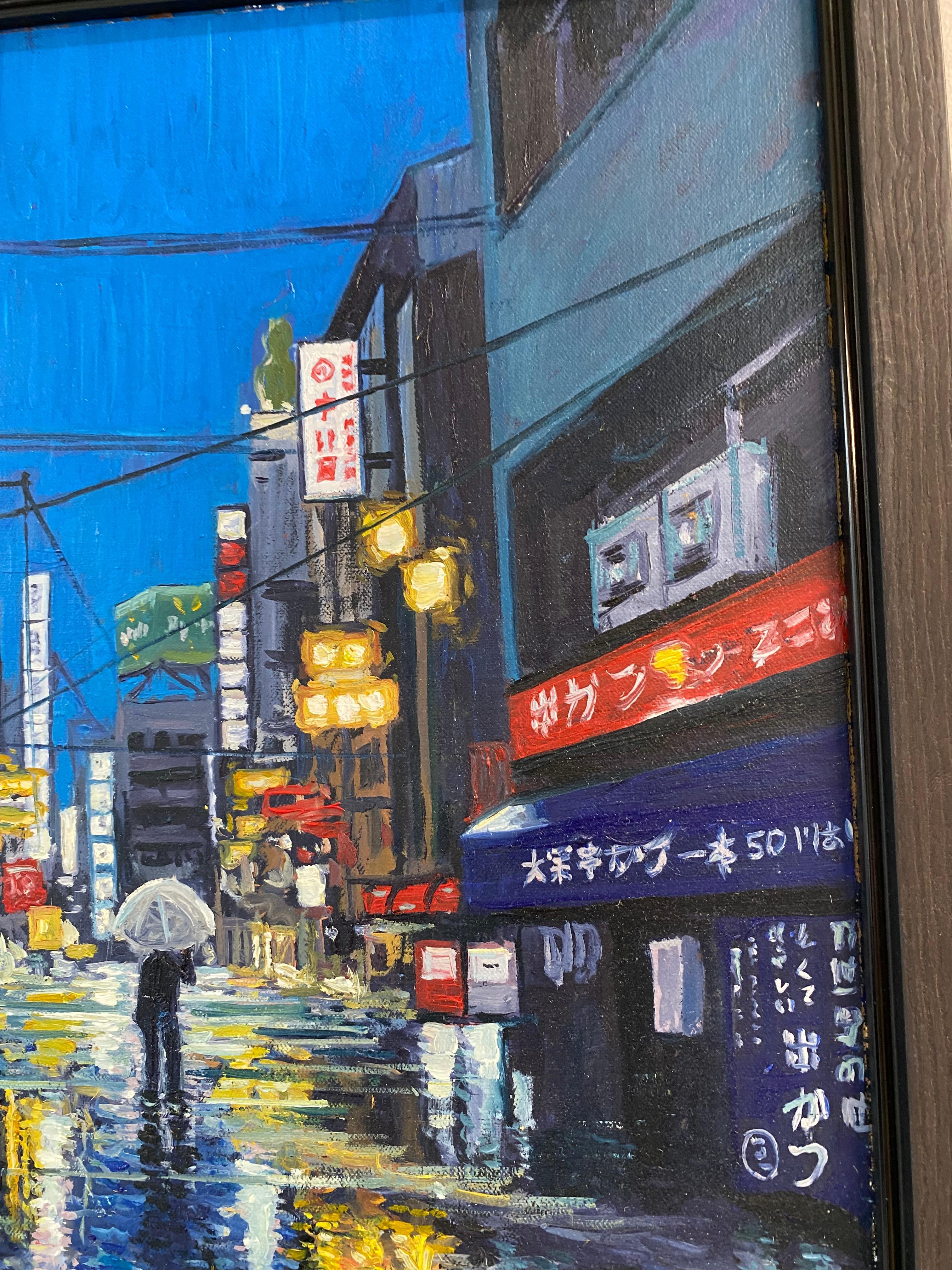 Osaka im Regen - Zeitgenössische realistische Malerei des 21. Jahrhunderts in Japan (Blau), Landscape Painting, von Wijnand Driessen