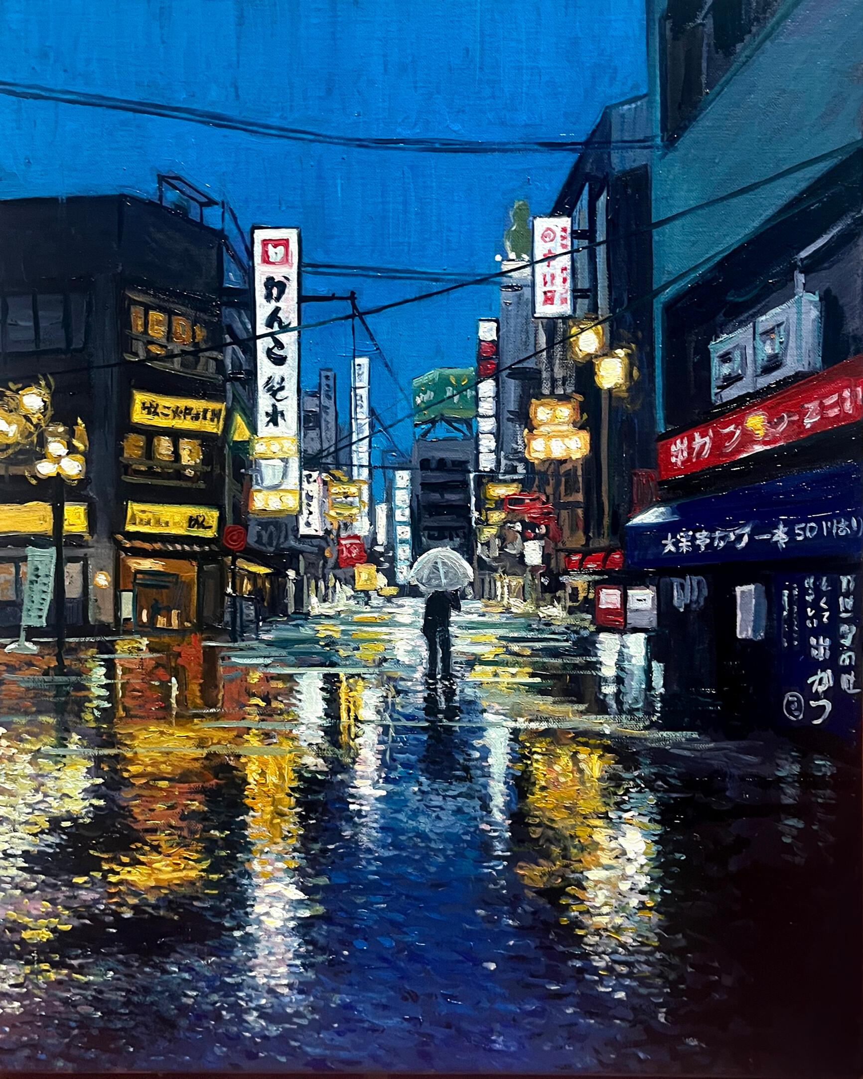 Osaka in the Rain - 21st Century contemporary realistic painting of Japan