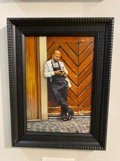 Taking a Break - 21st Century contemporary figure painting of a smoking waiter