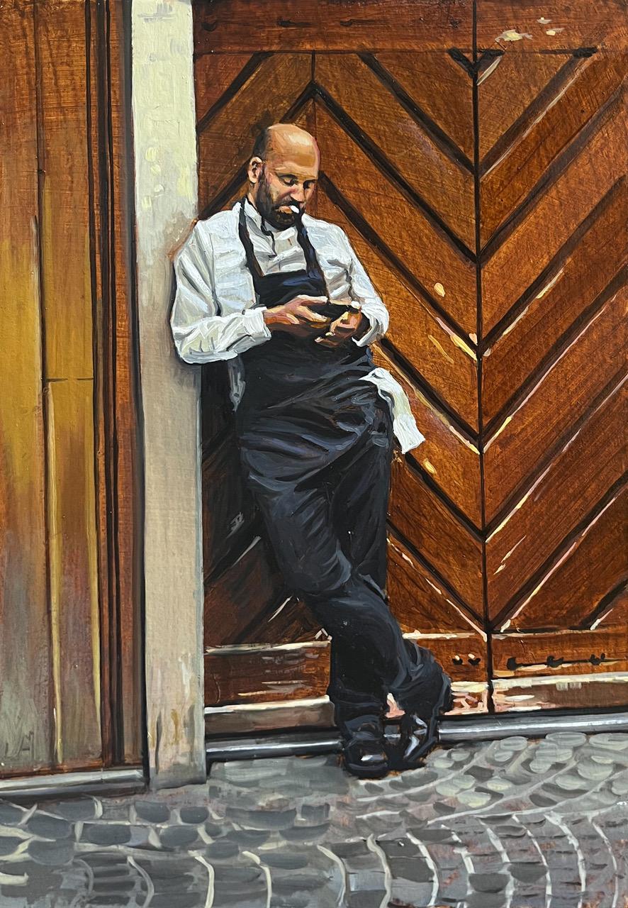 Taking a Break - Peinture réaliste contemporaine du 21e siècle de Tokyo