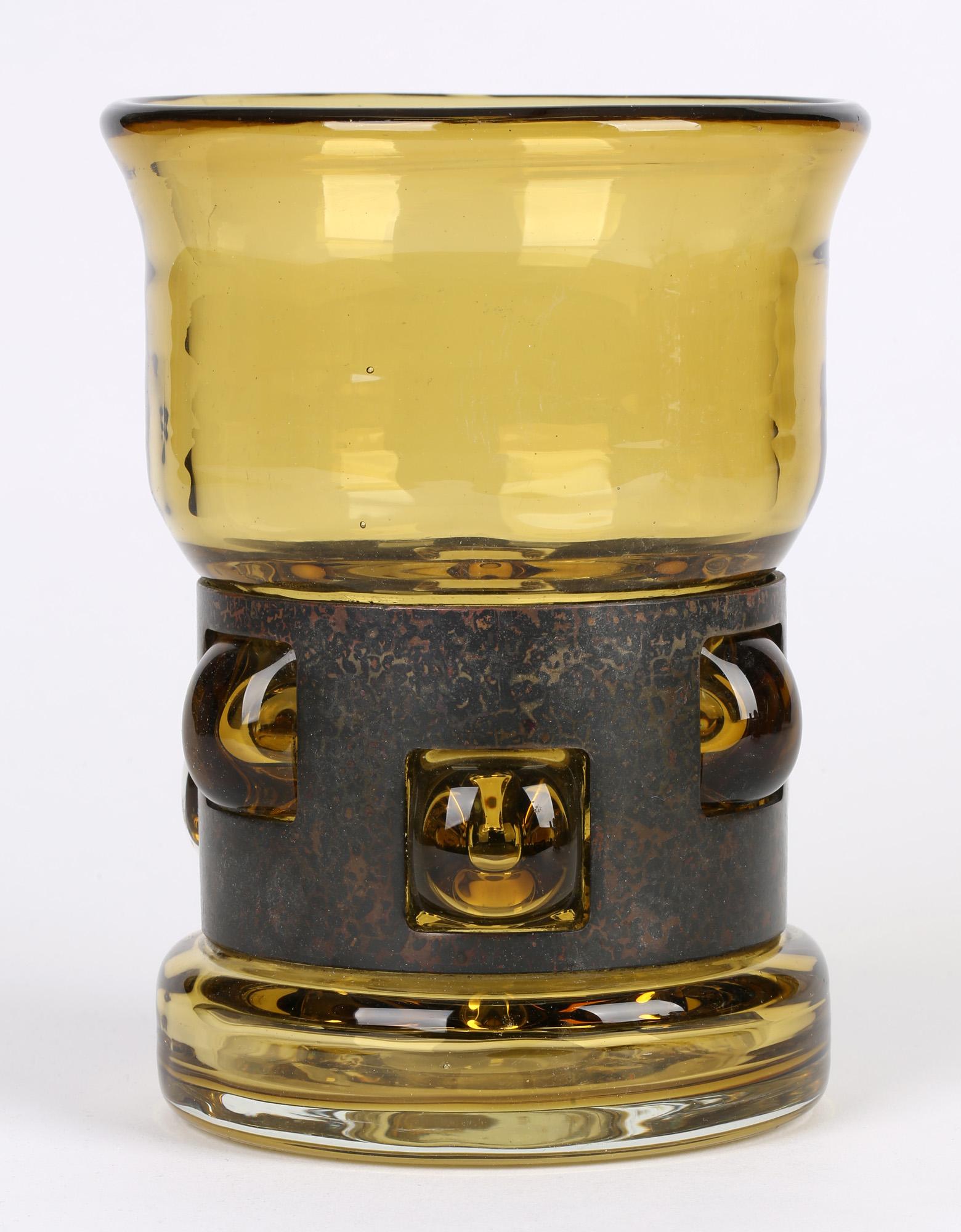 Mid-20th Century Wiktor Berndt for Flygsfors Midcentury Metal Clad Tribal Art Glass Vase For Sale