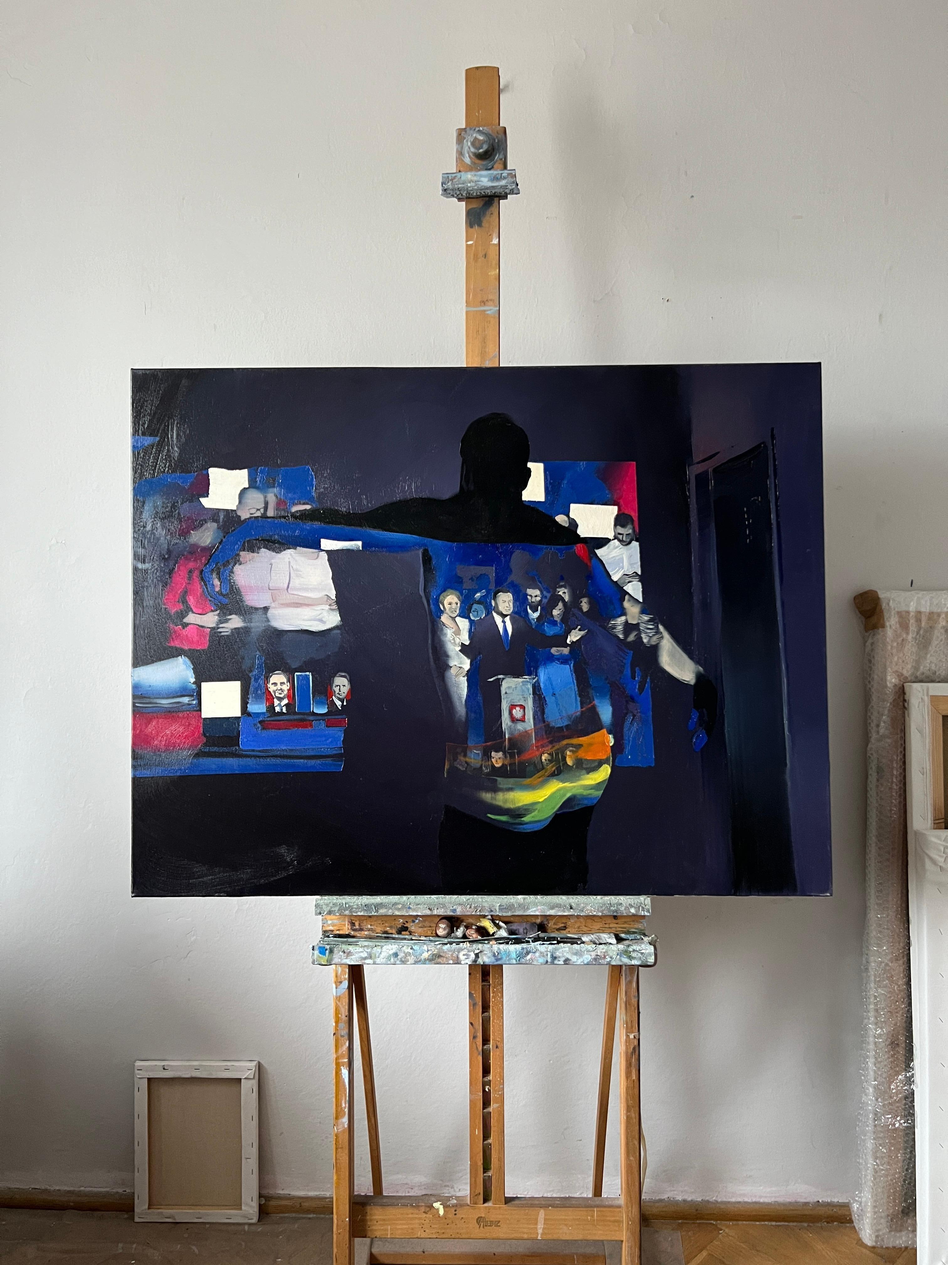 NUIT D'ÉLECTION - The Moderns Expressive, Dynamic Oil Painting, Colorful Social Event en vente 1