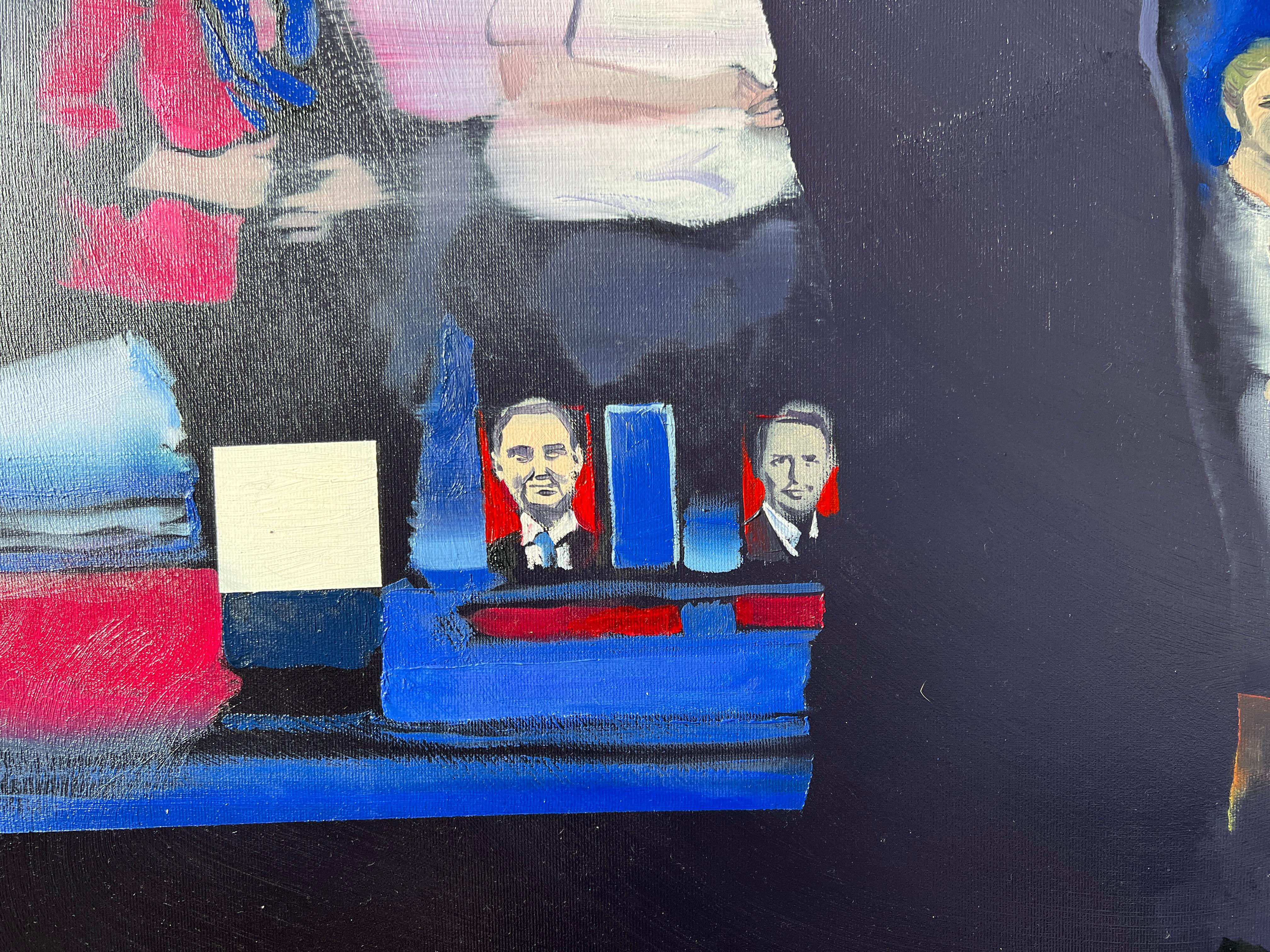 NUIT D'ÉLECTION - Peinture à l'huile moderne, expressive et dynamique, événement social coloré en vente 2