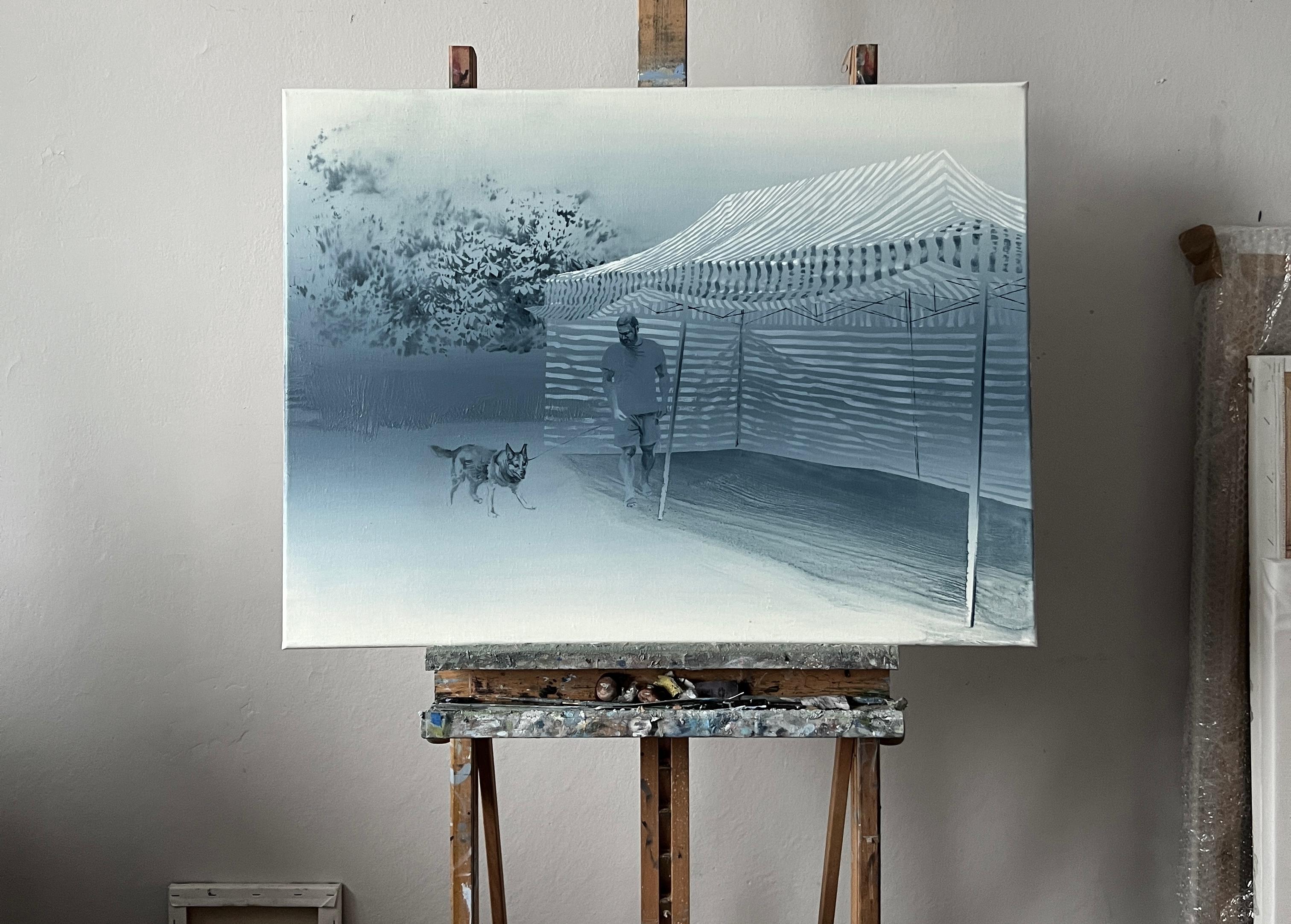 KACPER AND HILTON 2 - Modernes expressionistisches Ölgemälde, Stadtlandschaft, Männerporträt (Blau), Figurative Painting, von Wiktor Jackowski