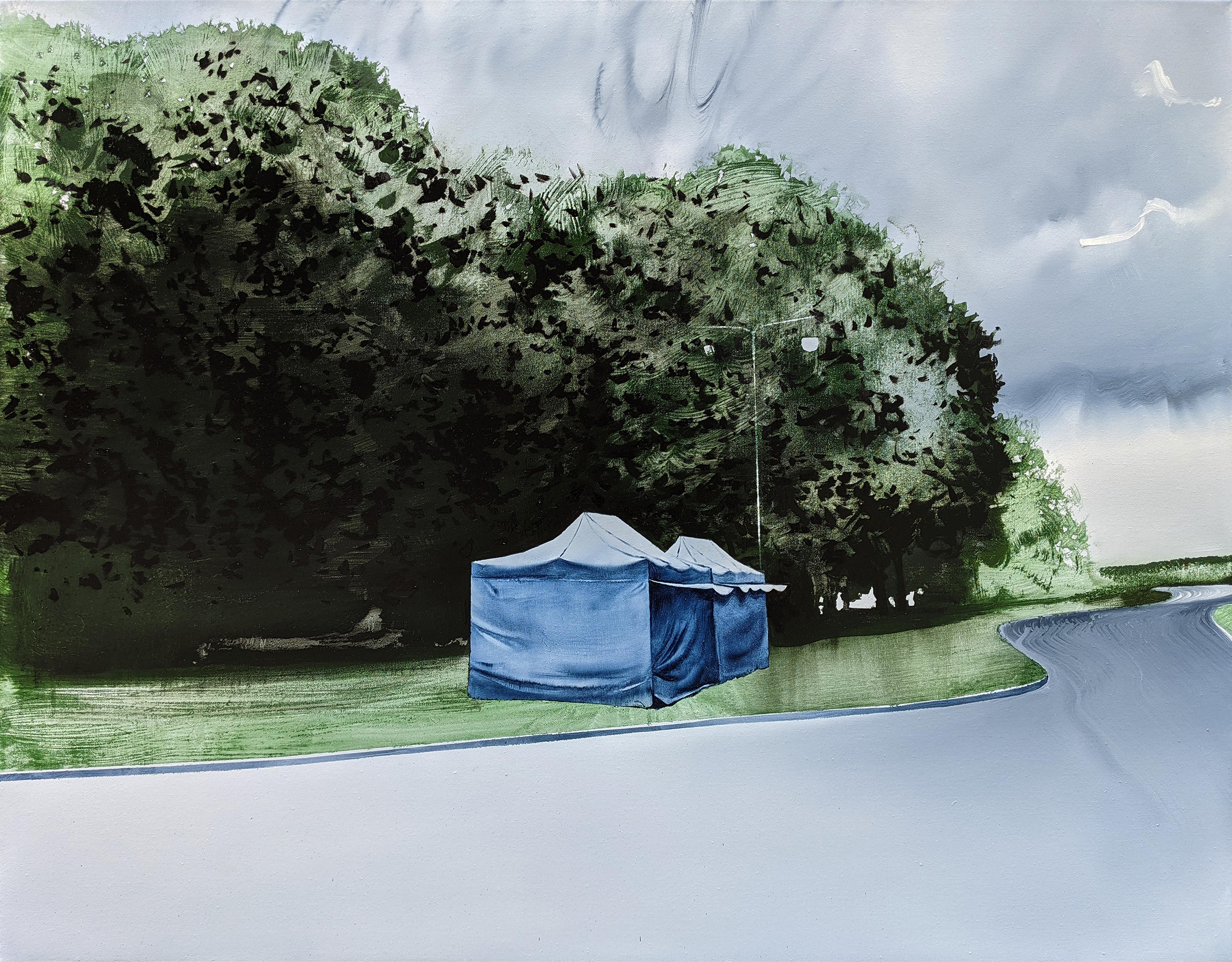 Wiktor Jackowski Landscape Painting - TENTS 3 - Modern Expressive Oil Painting, Green Park Landscape