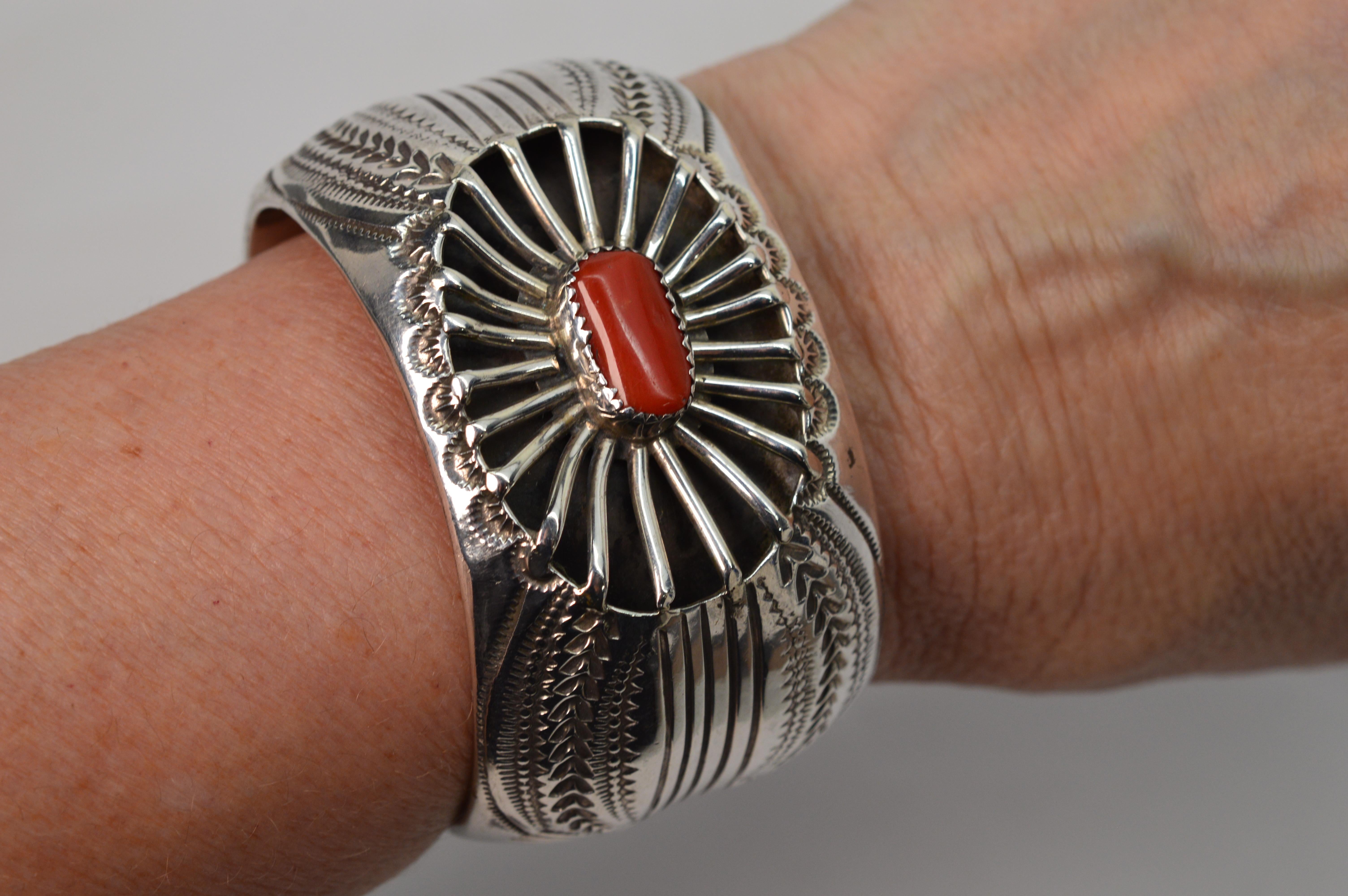 Native American Wilbert Benally Sterling Silver with Coral Navajo Cuff Bracelet For Sale