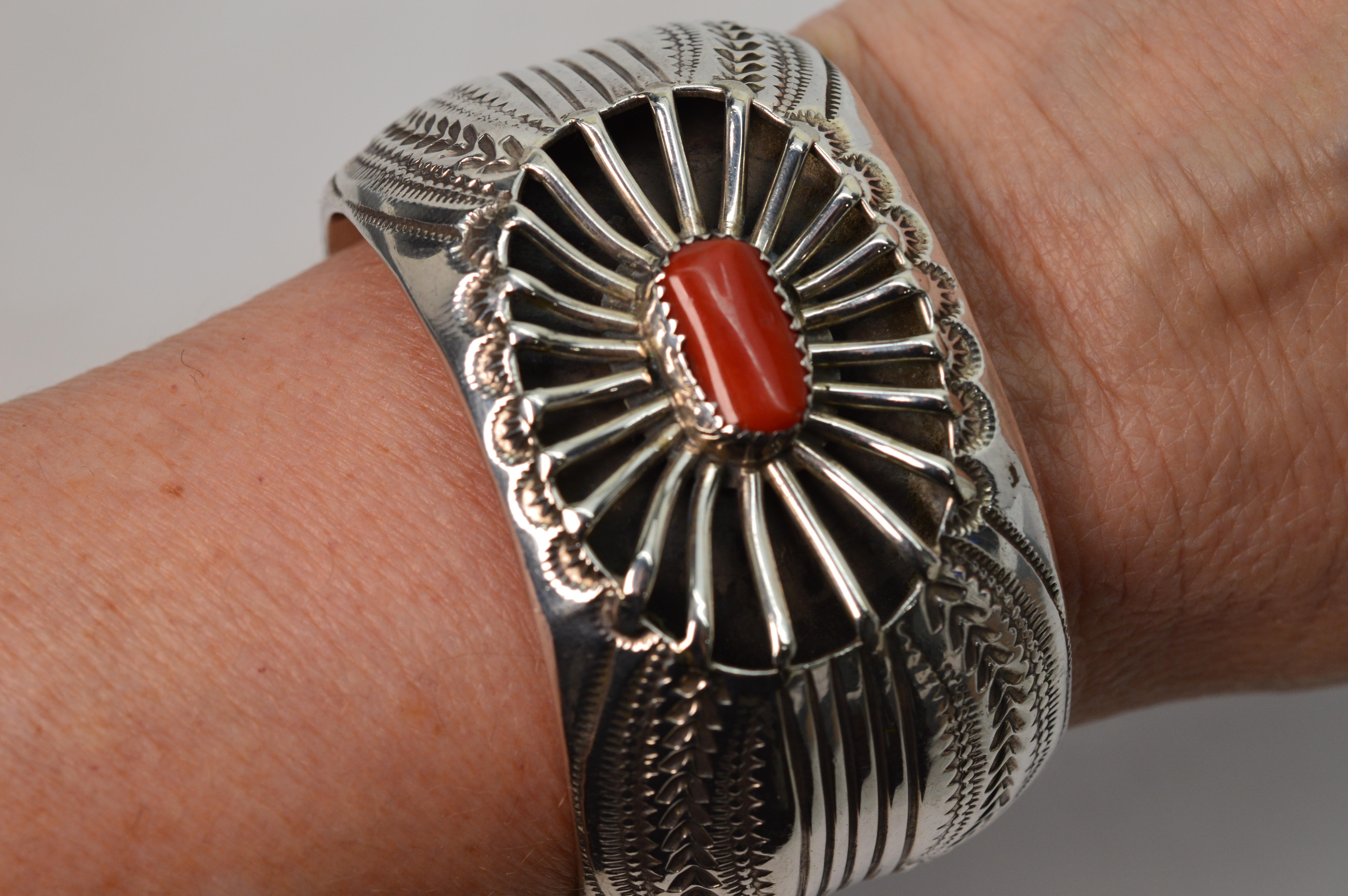 Wilbert Benally Sterling Silver with Coral Navajo Cuff Bracelet In Excellent Condition For Sale In Mount Kisco, NY