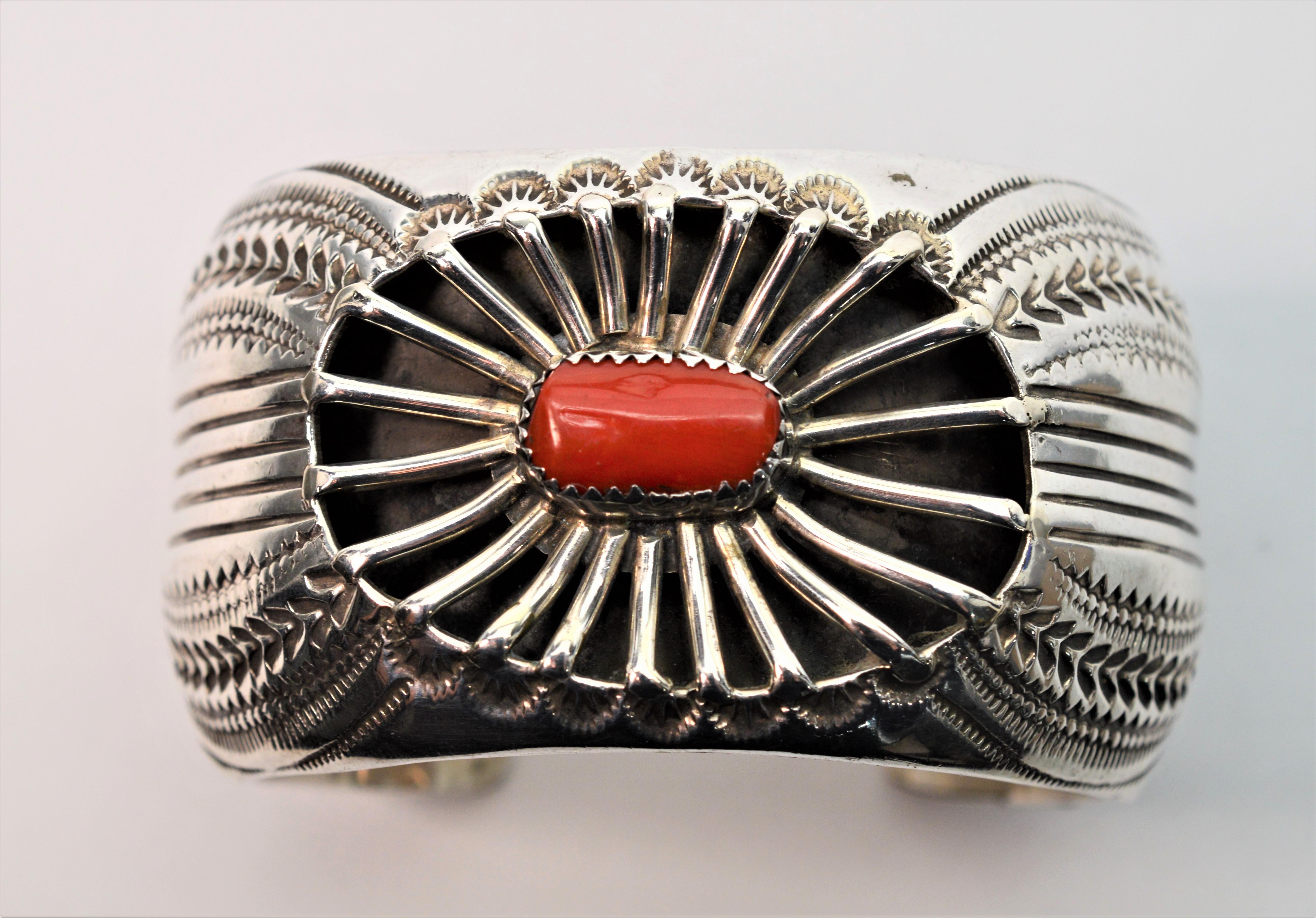 Women's Wilbert Benally Sterling Silver with Coral Navajo Cuff Bracelet For Sale