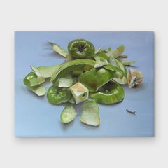 Une nature morte réaliste à l'acrylique sur toile, "Apple Peel- The Absence is Ap" (Pelure de pomme - L'absence est Ap)