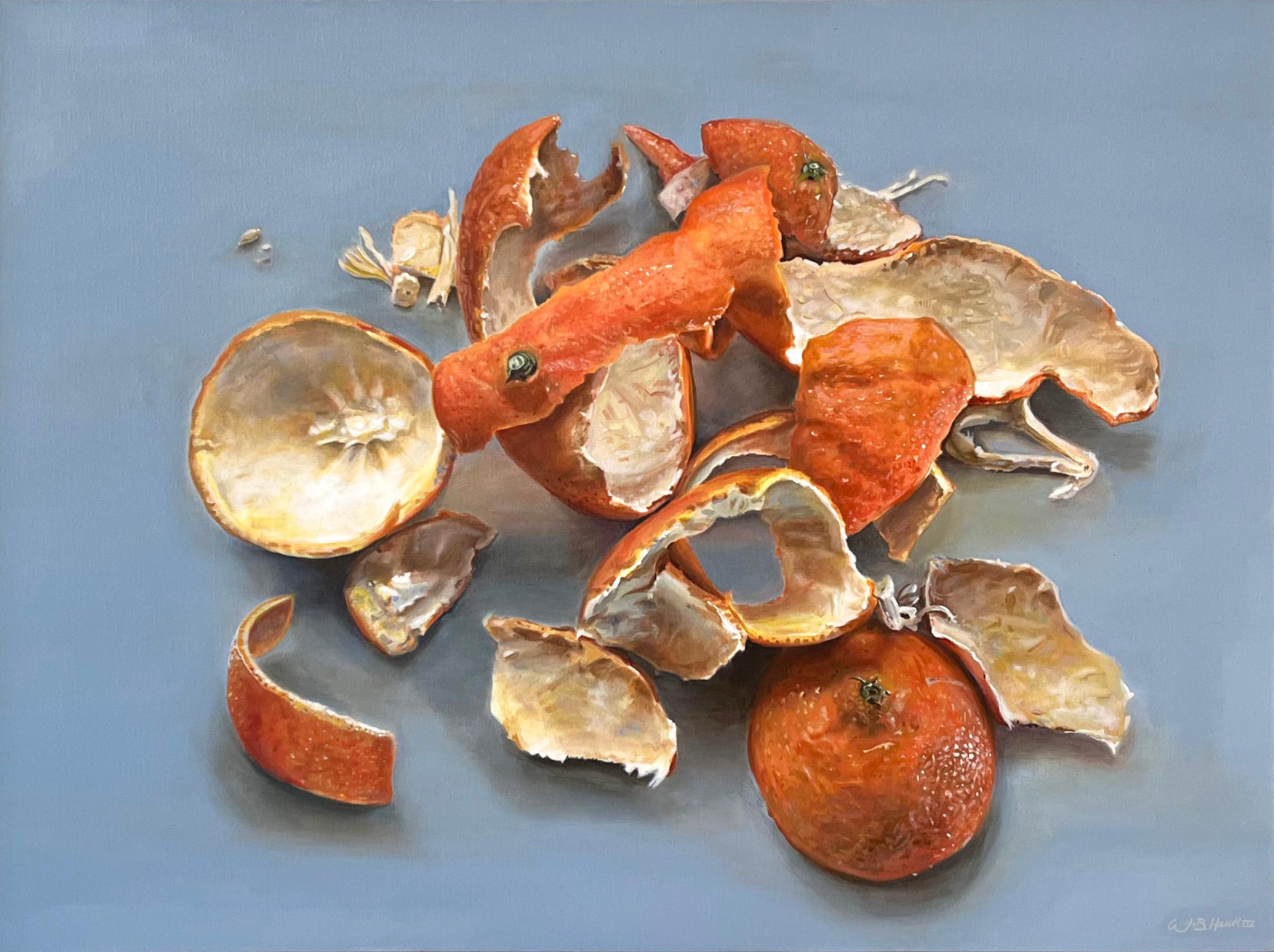 Wilbur Hawk Still-Life Painting – Realistisches Stilleben, "Orangenschalen - The Absence is Apeeling" 2019