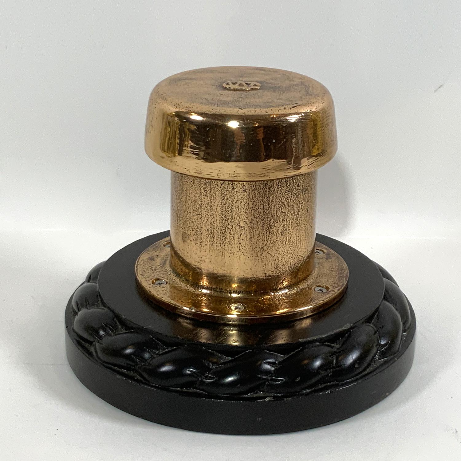 Vintage solid brass deck vent from a yacht. This relic has been professionally polished and lacquered. Mounted to a hand carved mahogany base with rope carved border. Quality maritime antique.