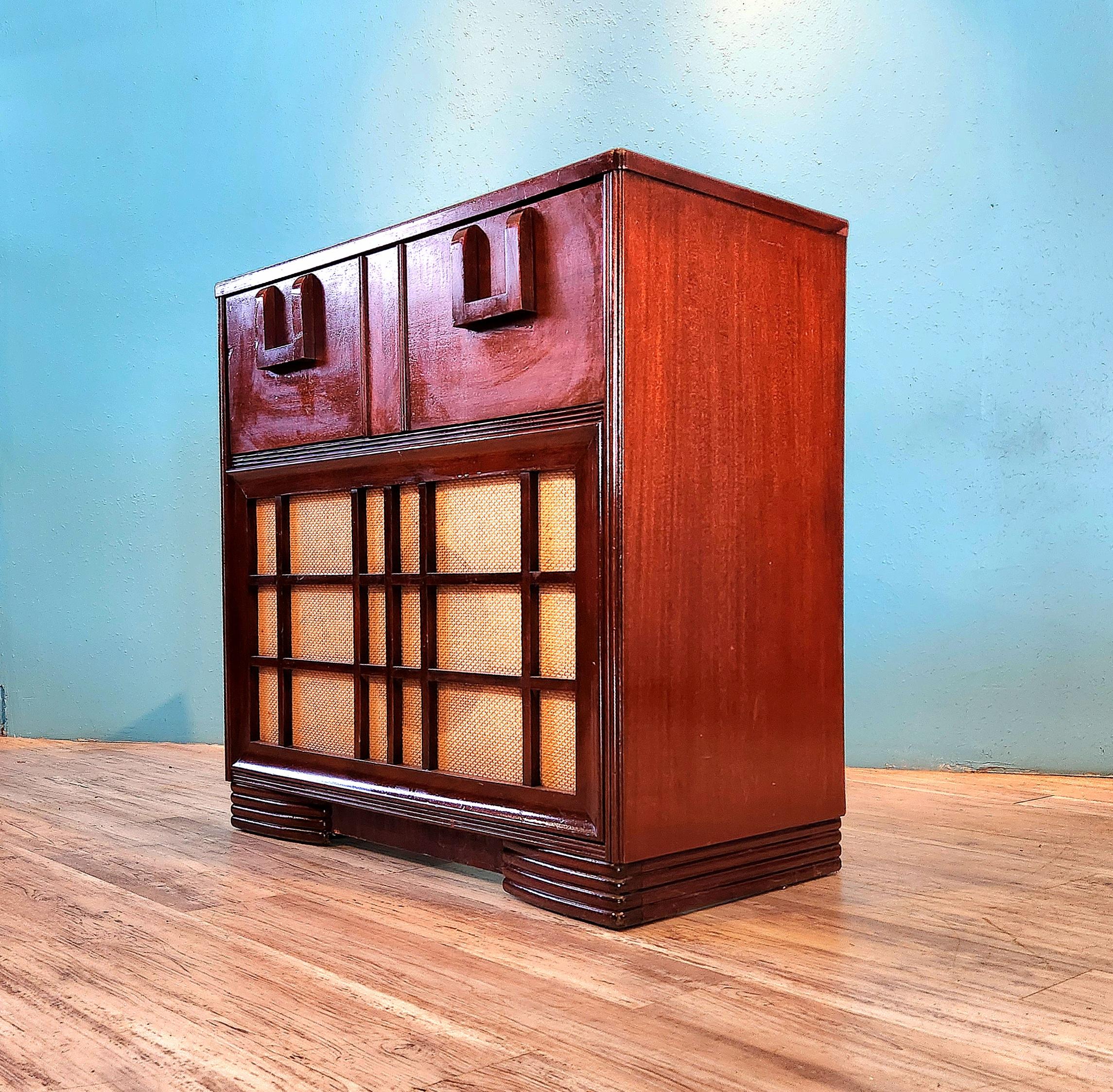 “If art decorates space… and music is the art that decorates time, then our vintage stereo consoles decorate lives by accentuating both.”

This console:
This is a console refurbished by us.  We acquire our pieces from very reliable, established, and