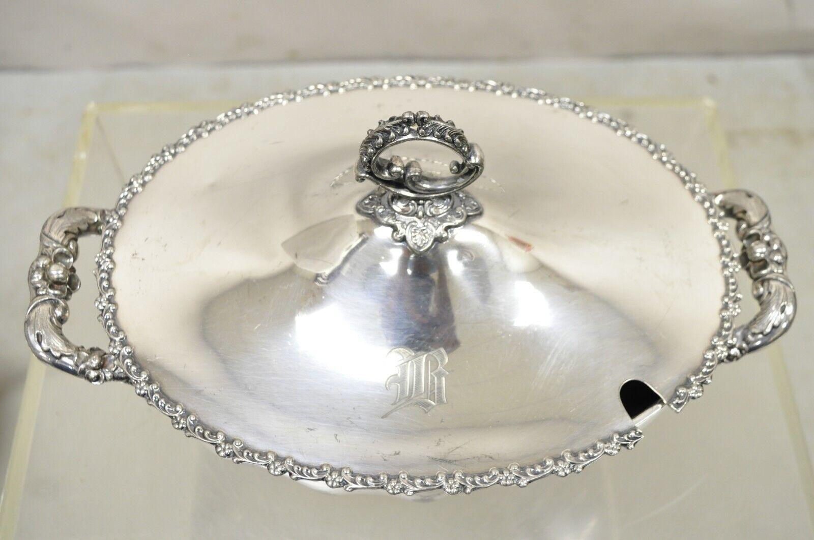 Wilcox Silverplate Co Silver Plated Victorian Lidded Soup Tureen Bowl B Monogram In Good Condition For Sale In Philadelphia, PA