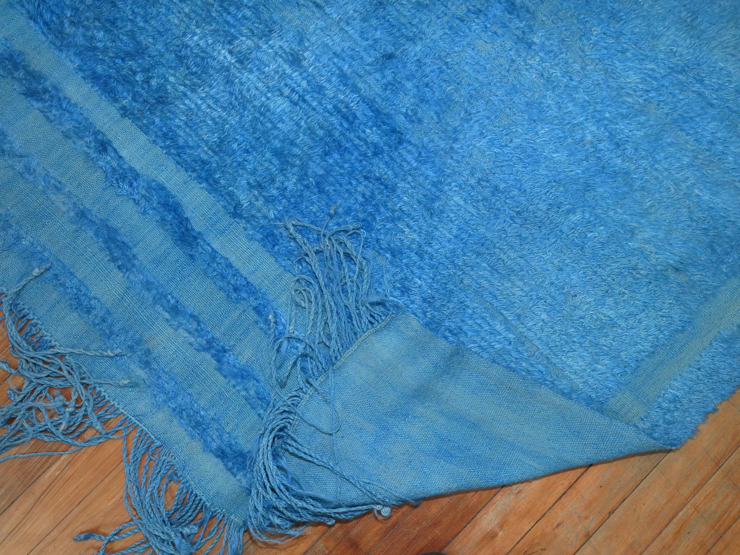 Mid-Century Modern Wild Blue Vintage Turkish Mohair Rug For Sale