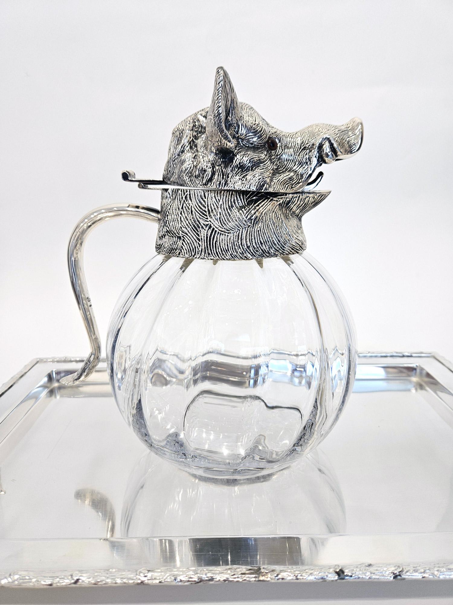 Wild Boar Drinks Set with Boar’s Head Decanter, Stirrup Cups and Tray, c. 1960 4