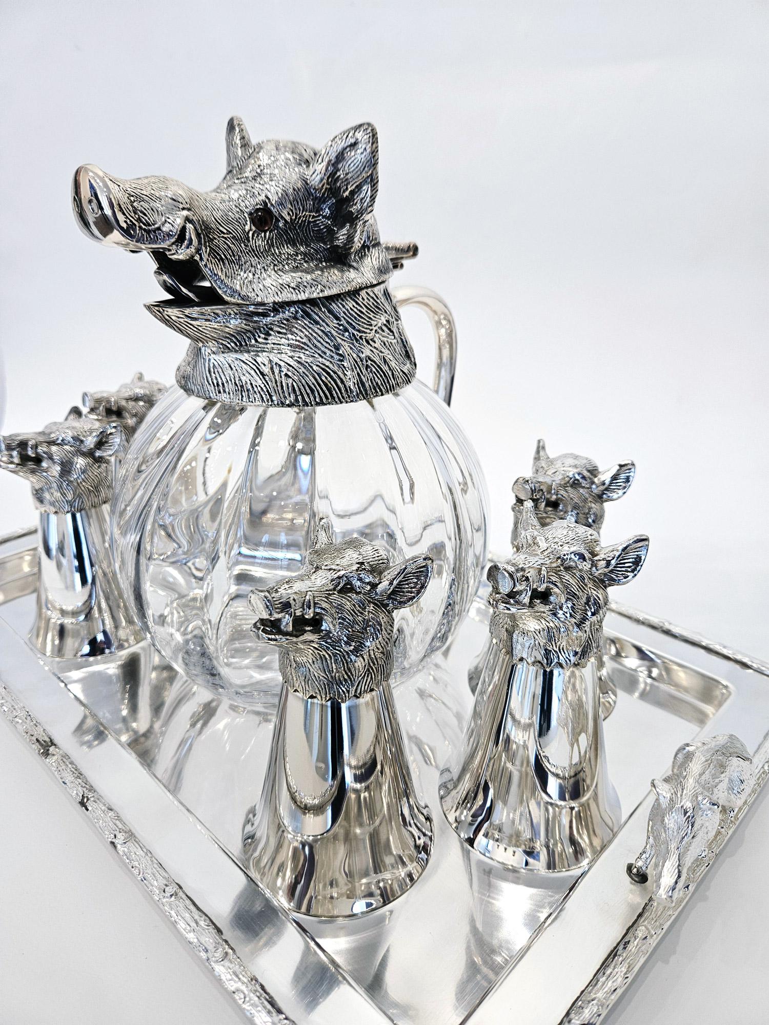 Wild Boar Drinks Set with Boar’s Head Decanter, Stirrup Cups and Tray, c. 1960 For Sale 11