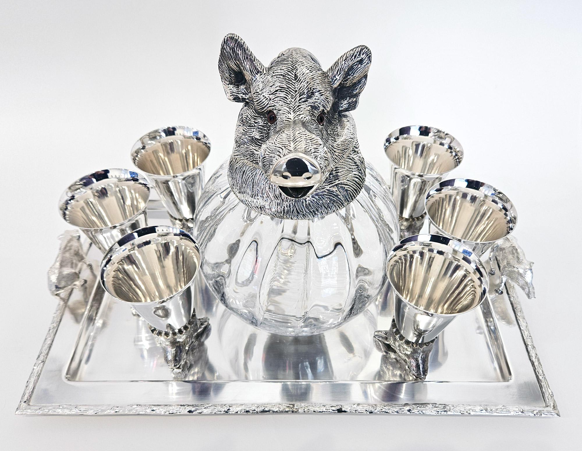 Mid-Century Modern Wild Boar Drinks Set with Boar’s Head Decanter, Stirrup Cups and Tray, c. 1960 For Sale