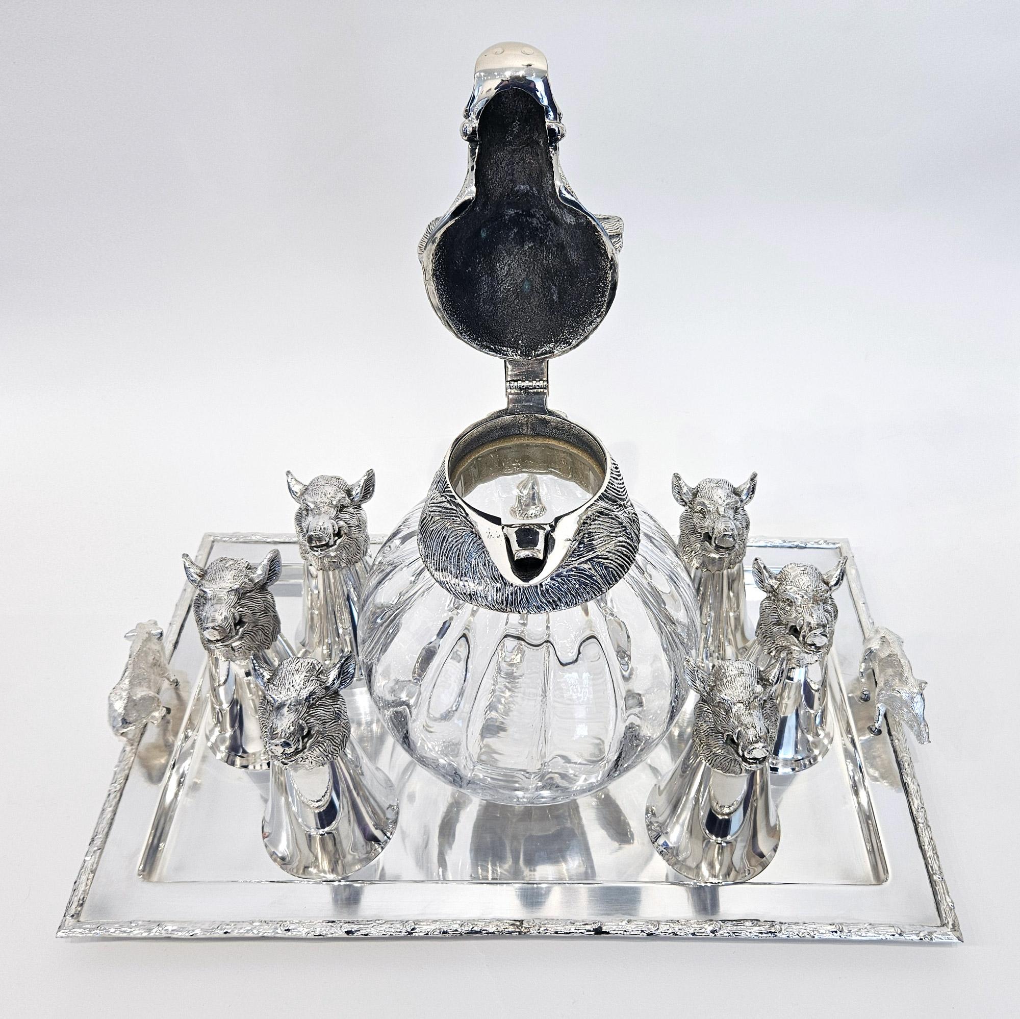 Spanish Wild Boar Drinks Set with Boar’s Head Decanter, Stirrup Cups and Tray, c. 1960 For Sale