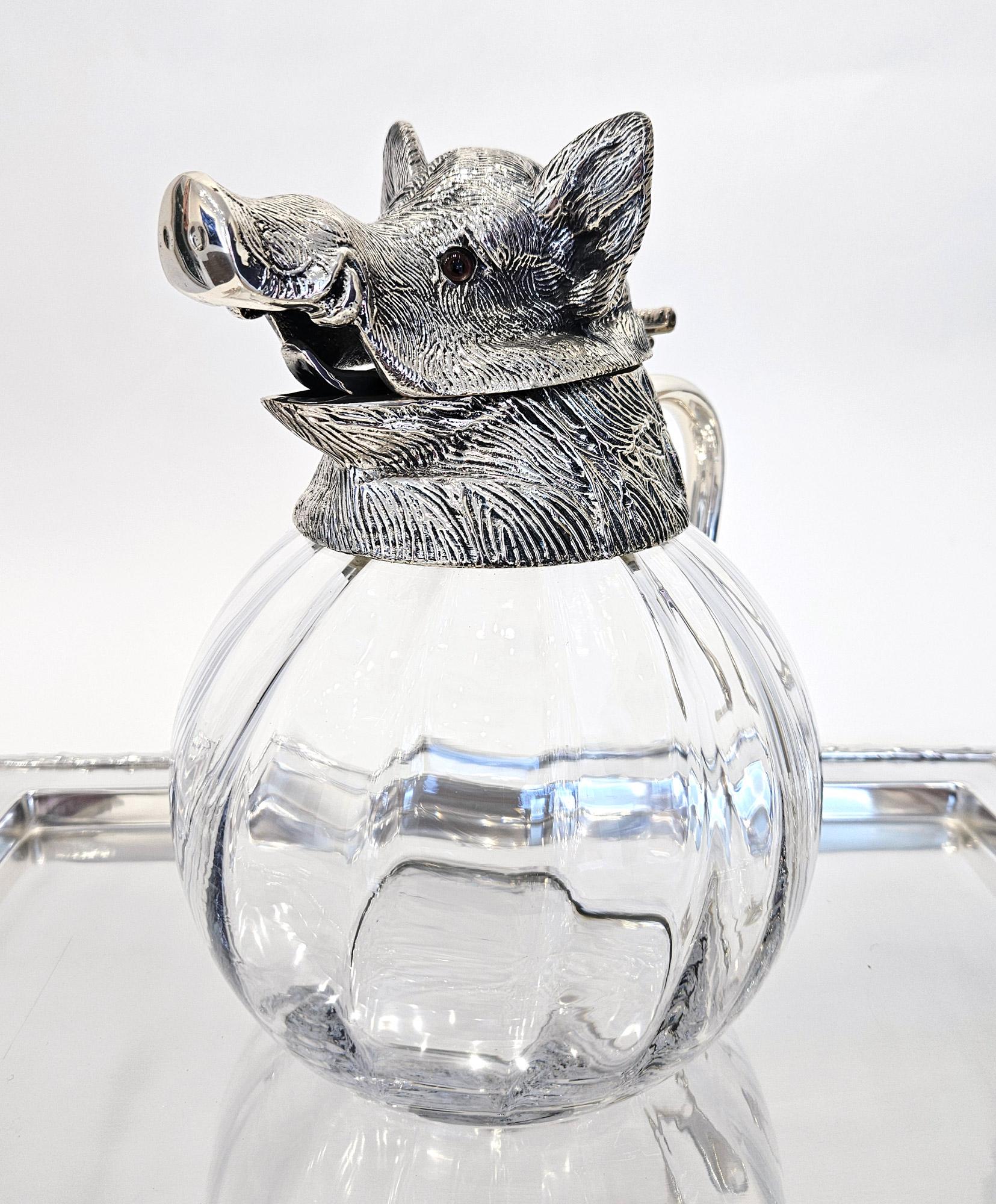 Mid-20th Century Wild Boar Drinks Set with Boar’s Head Decanter, Stirrup Cups and Tray, c. 1960 For Sale