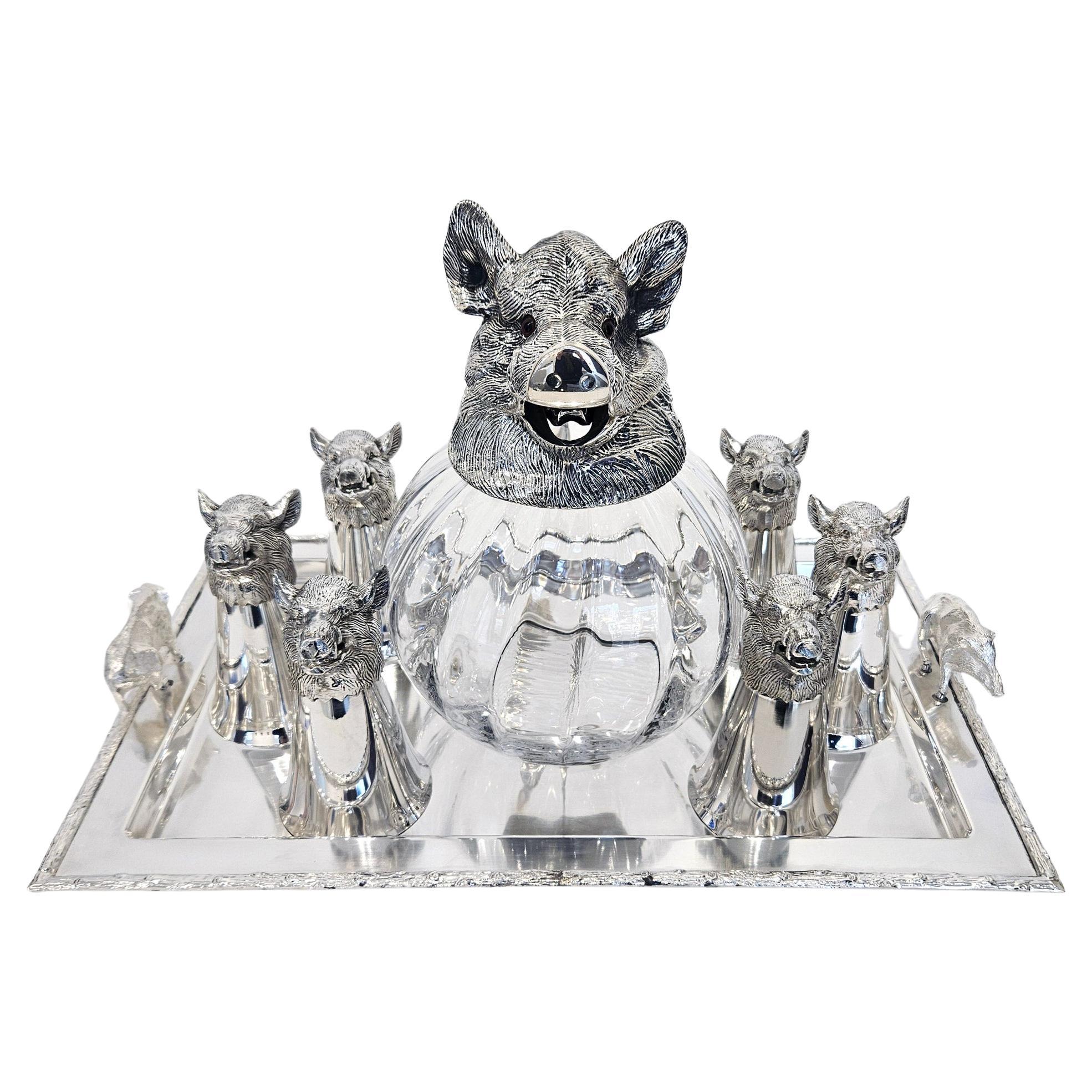 Wild Boar Drinks Set with Boar’s Head Decanter, Stirrup Cups and Tray, c. 1960 For Sale