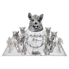 Antique Wild Boar Drinks Set with Boar’s Head Decanter, Stirrup Cups and Tray, c. 1960