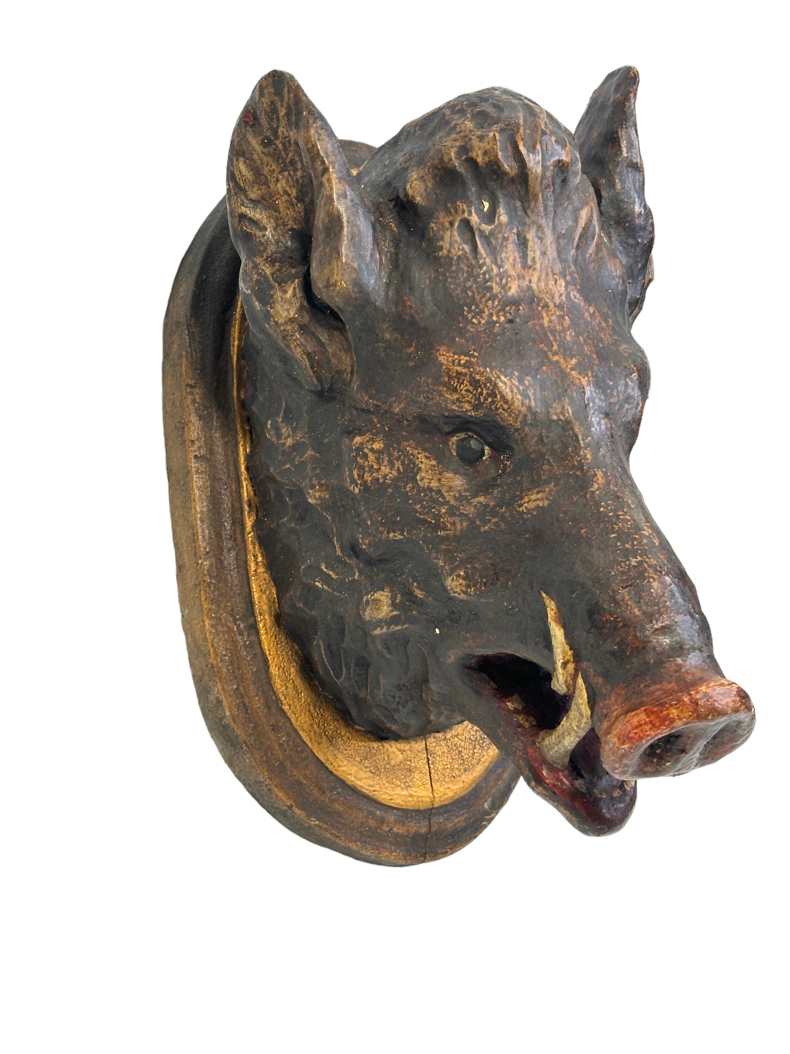 Austrian Wild Boar Head Black Forest Hand Carved Folk Art Wooden Trophy, 19th Century