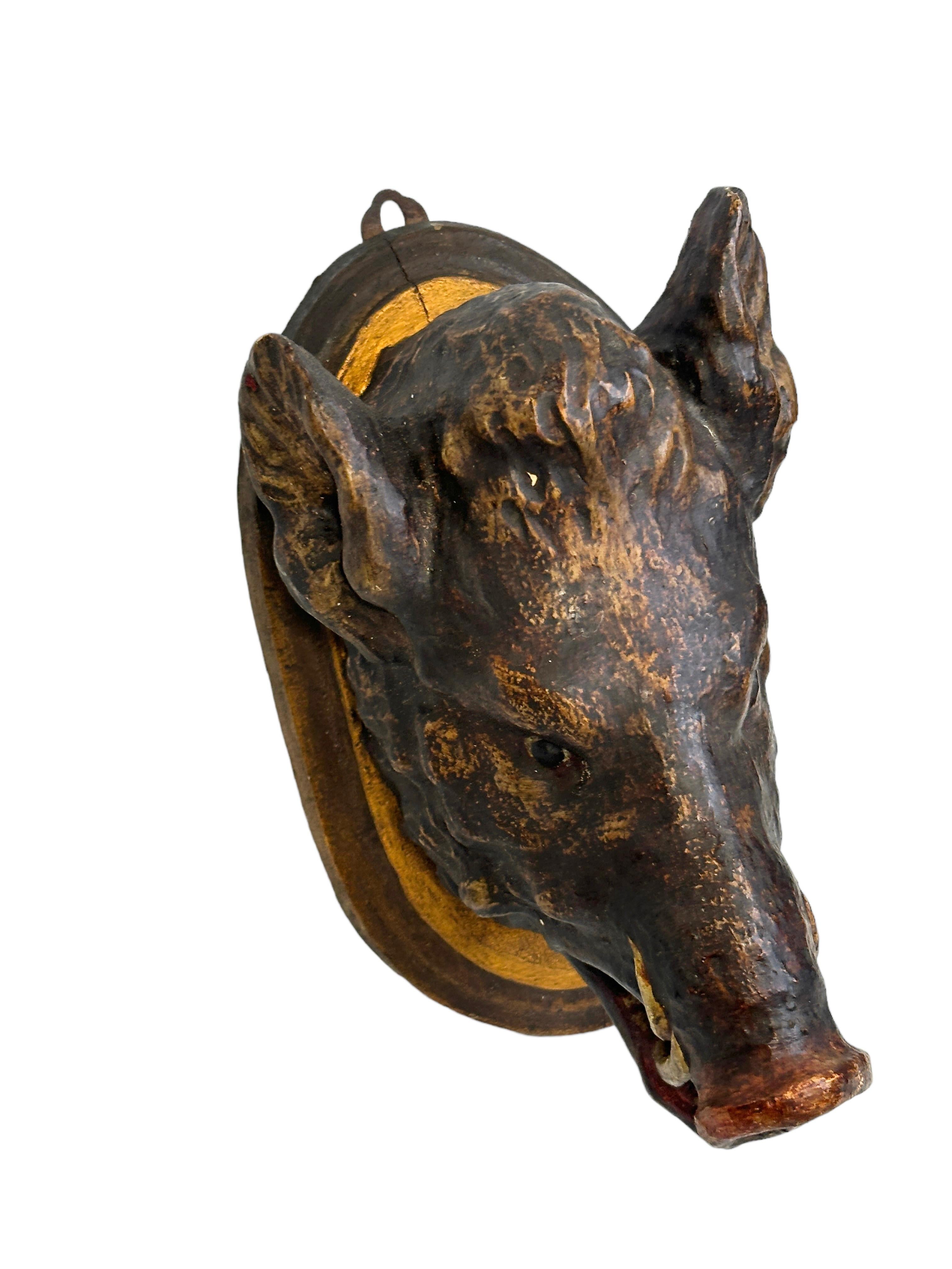 Wild Boar Head Black Forest Hand Carved Folk Art Wooden Trophy, 19th Century 1