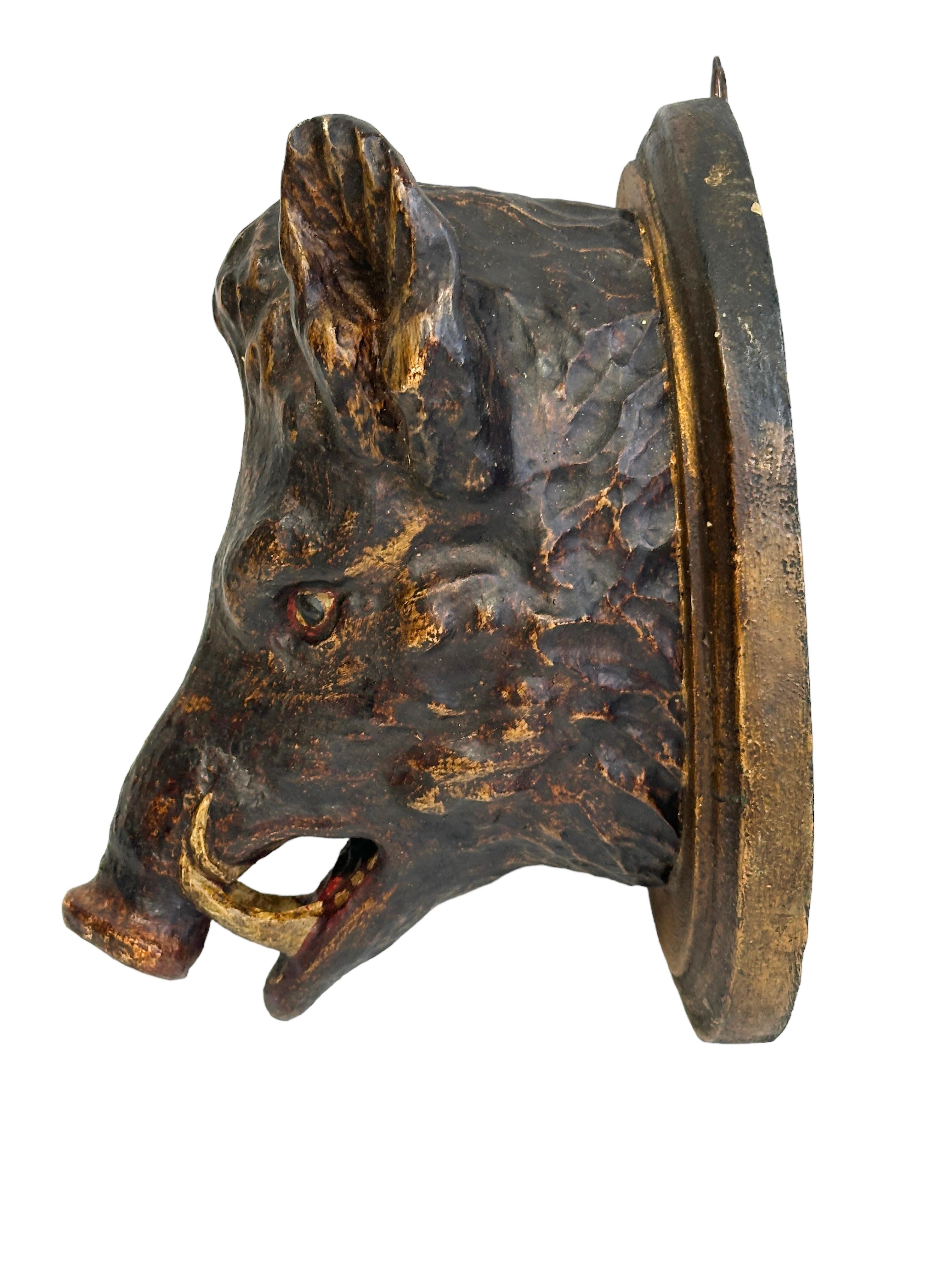 Wild Boar Head Black Forest Hand Carved Folk Art Wooden Trophy, 19th Century 2