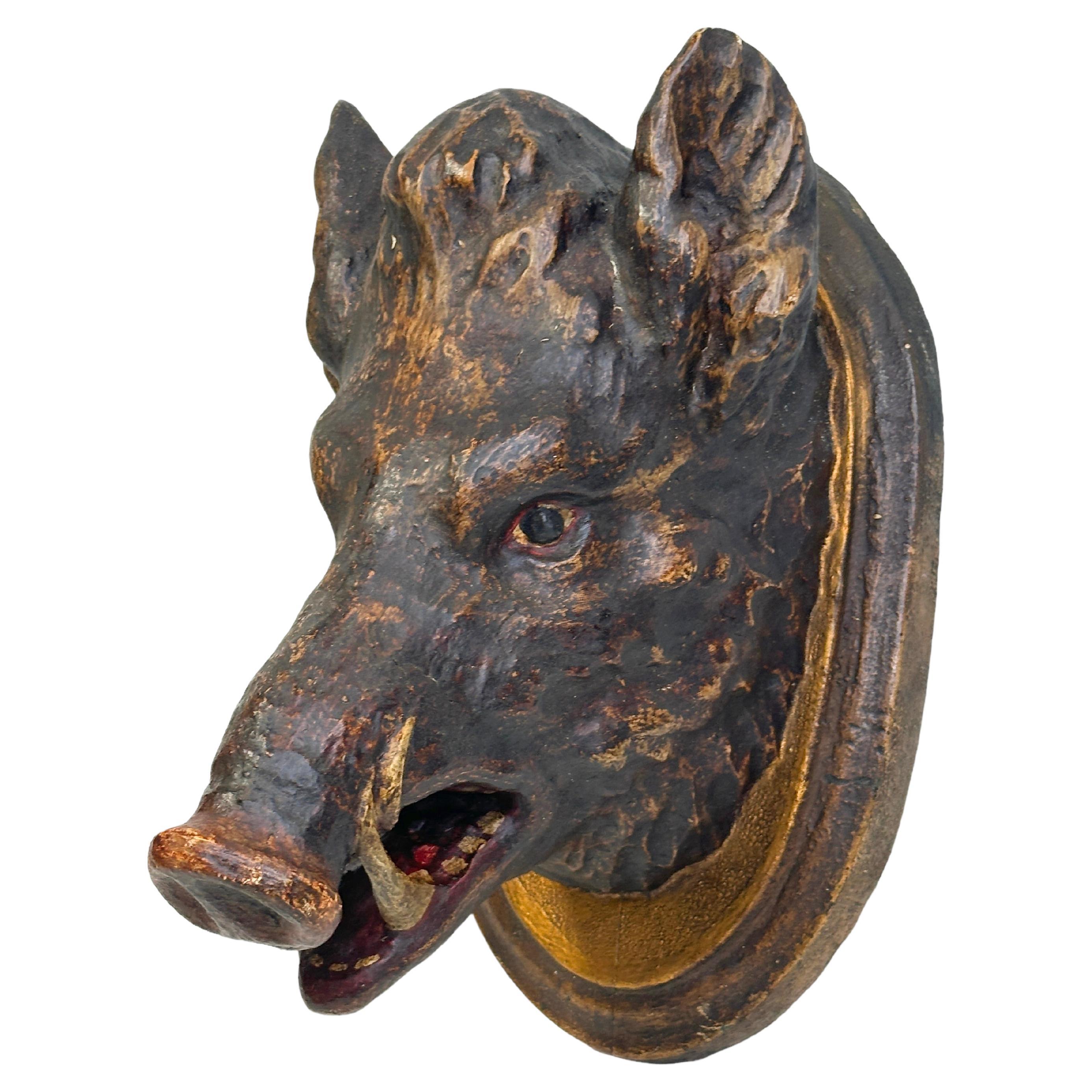 Wild Boar Head Black Forest Hand Carved Folk Art Wooden Trophy, 19th Century