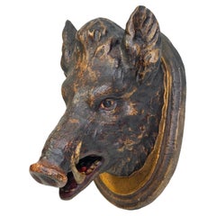 Antique Wild Boar Head Black Forest Hand Carved Folk Art Wooden Trophy, 19th Century