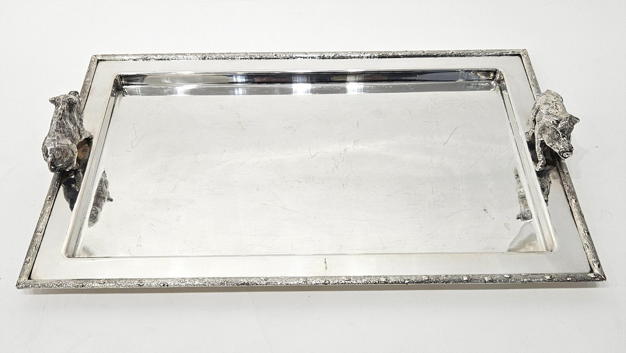Juego de copas decantador en bandeja de plata con tema de caza del jabalí, c. 1960 en venta 12